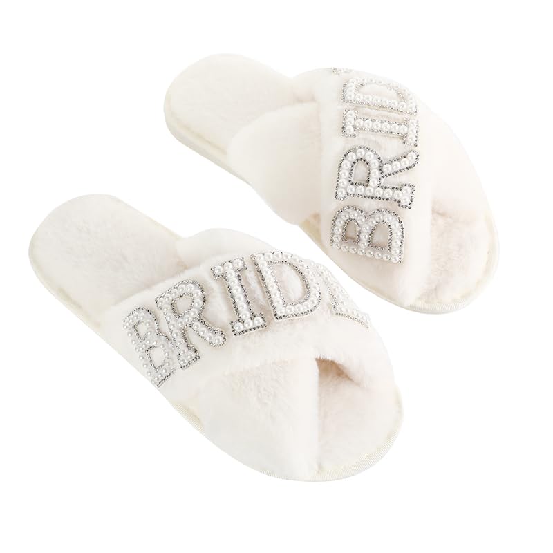 Fabstory Bride Slippers for Wedding Day White Fuzzy Slippers with Pearls for Bachelorette Party Bridal Shower Gifts White 6.5-7.5