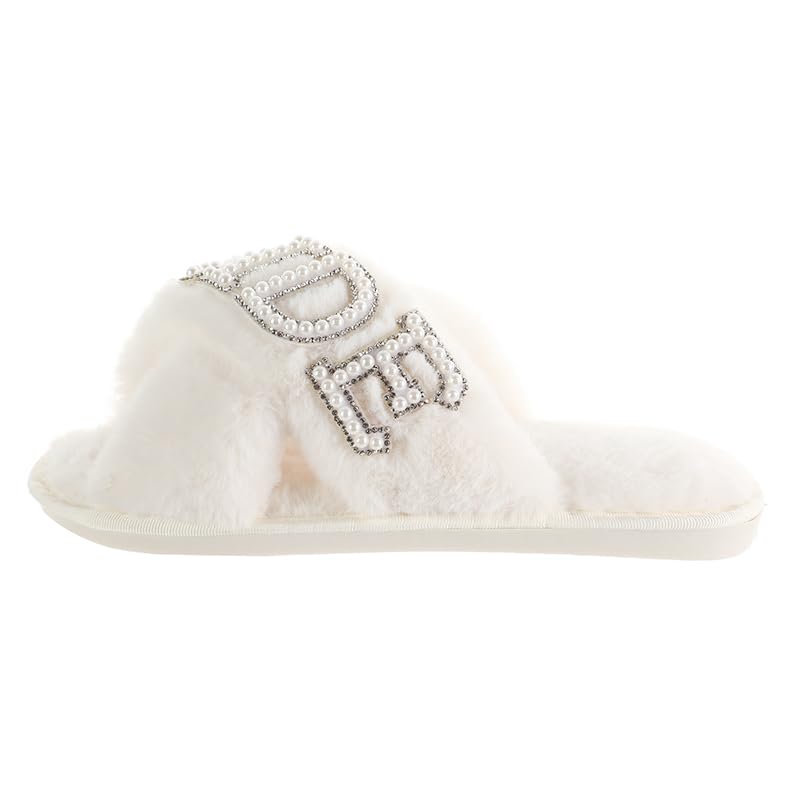 Fabstory Bride Slippers for Wedding Day White Fuzzy Slippers with Pearls for Bachelorette Party Bridal Shower Gifts White 6.5-7.5