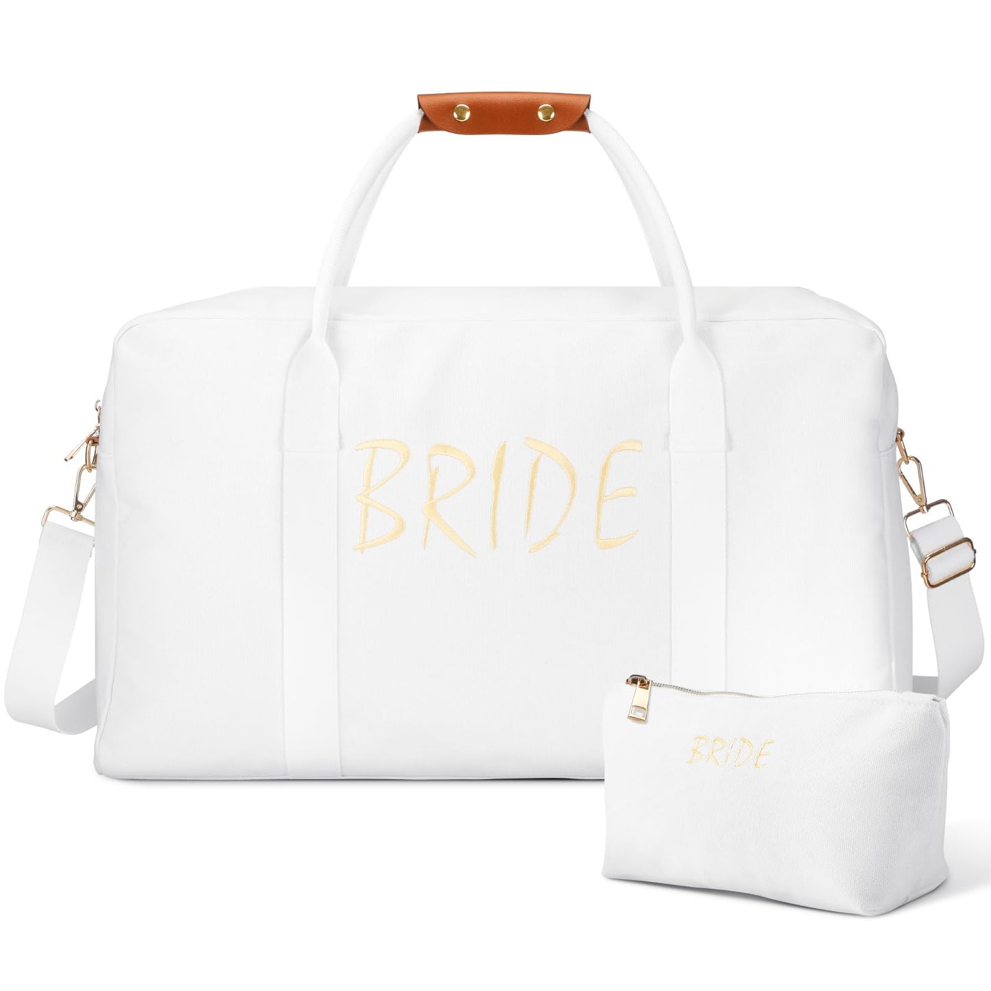 2 Pcs Wedding Weekender Bag for Women Bride Travel Bag with Shoes Compartment Shoulder Bride Bag with Chenille Letter Patch Makeup Bag Bride Gift for Wedding Bridal Shower Engagement Honeymoon