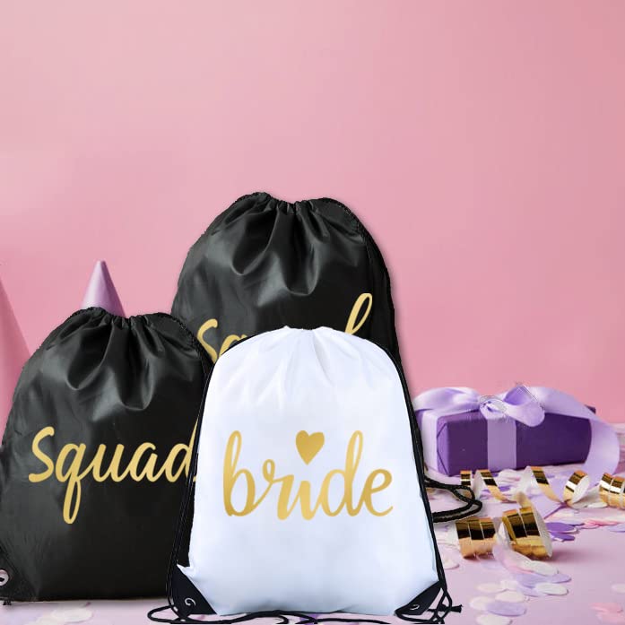 LADY&HOME 10 Packs Bride and Bride Squad Drawstring Bags, Bridesmaids Gift Drawstring Bag for Bachelorette Party, Bridal Party(Black)