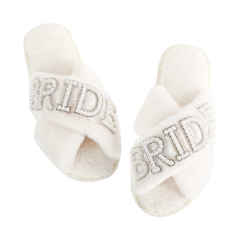 Fabstory Bride Slippers for Wedding Day White Fuzzy Slippers with Pearls for Bachelorette Party Bridal Shower Gifts White 6.5-7.5