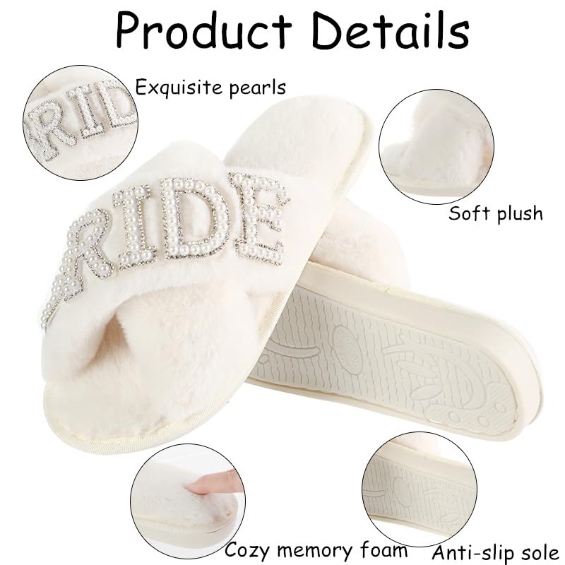 Fabstory Bride Slippers for Wedding Day White Fuzzy Slippers with Pearls for Bachelorette Party Bridal Shower Gifts White 6.5-7.5