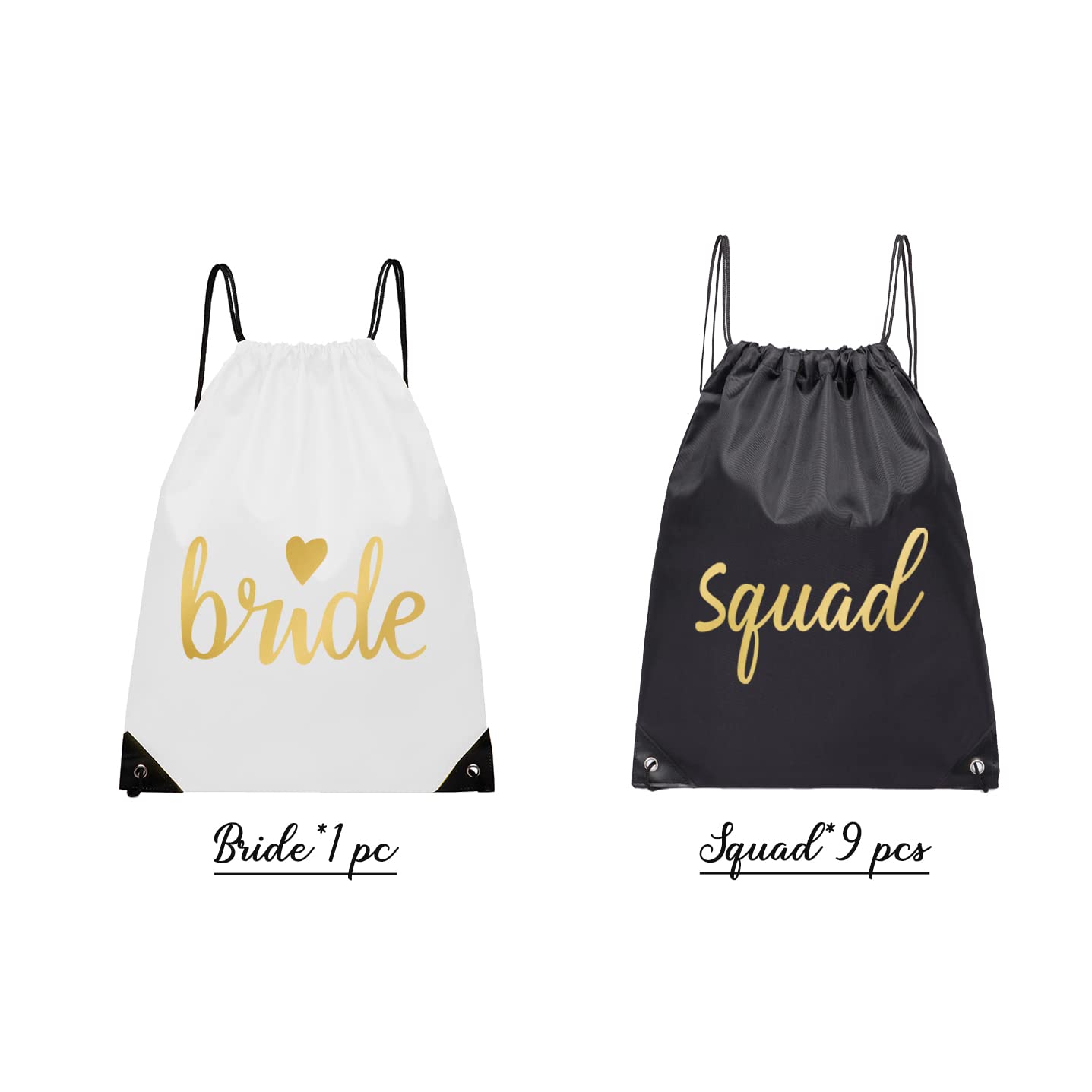 LADY&HOME 10 Packs Bride and Bride Squad Drawstring Bags, Bridesmaids Gift Drawstring Bag for Bachelorette Party, Bridal Party(Black)