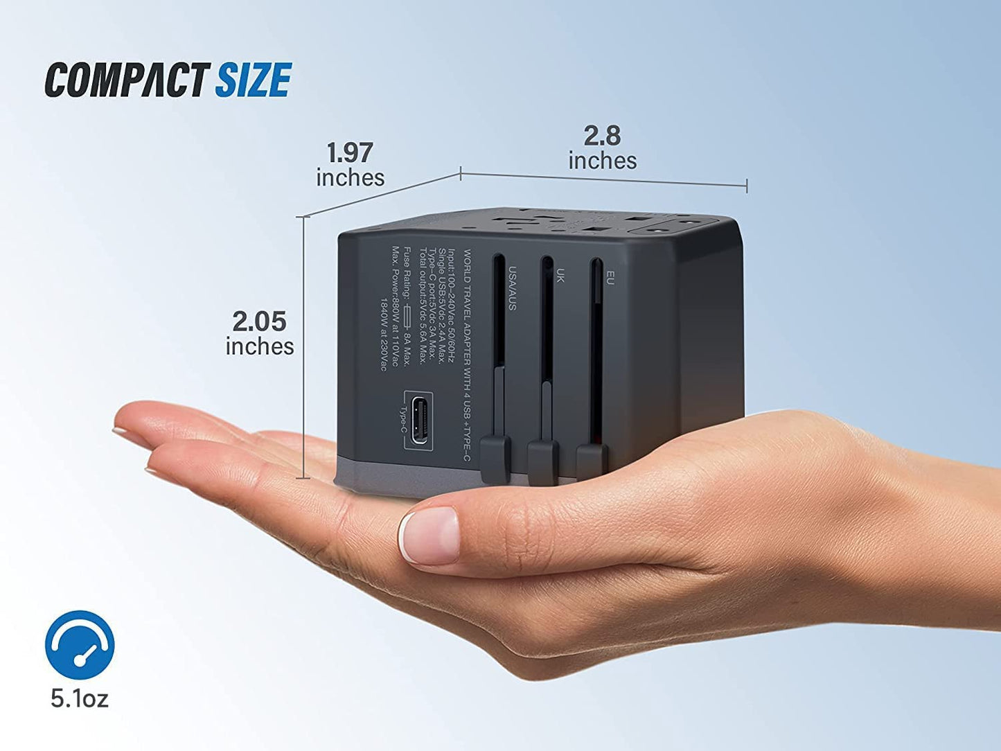 EPICKA Universal Travel Adapter One International Wall Charger AC Plug Adaptor with 5.6A Smart Power and 3.0A USB Type-C for USA EU UK AUS (TA-105, Grey)