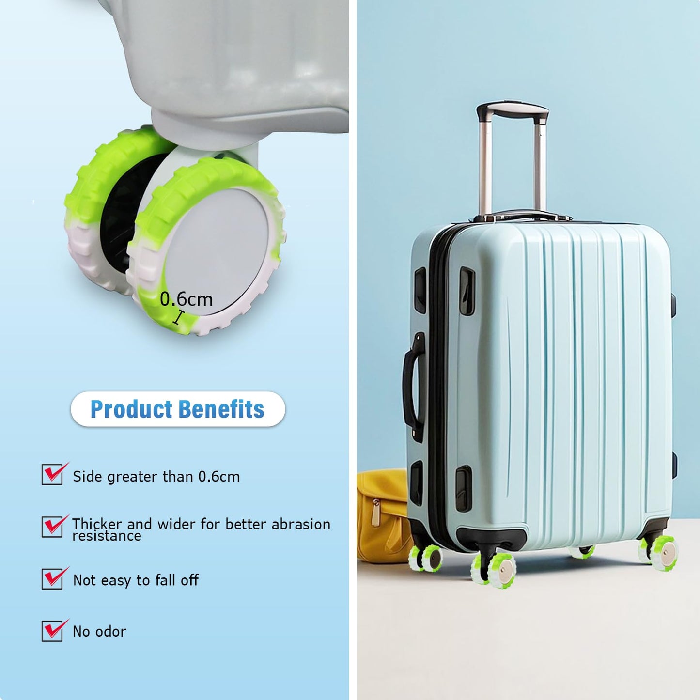 XYOFUN Luggage Wheels Covers,Silicone Luggage Wheel Protector Covers for 2-2.6 inchs 8 Spinner Wheel Suitcases,Wear-Resistant,Anti-Noise Wheel Covers(Black*8), YF018