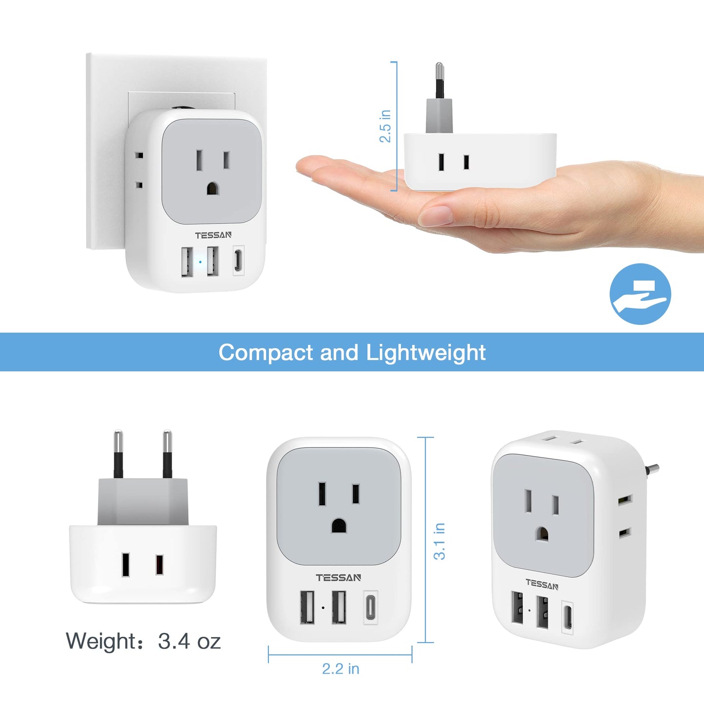2 Pack European Travel Plug Adapter USB C, TESSAN US to Europe Plug Adapter with 4 Outlets 3 USB Charger, Type C Power Adaptor to Italy Spain France Portugal Iceland Germany, White Gray