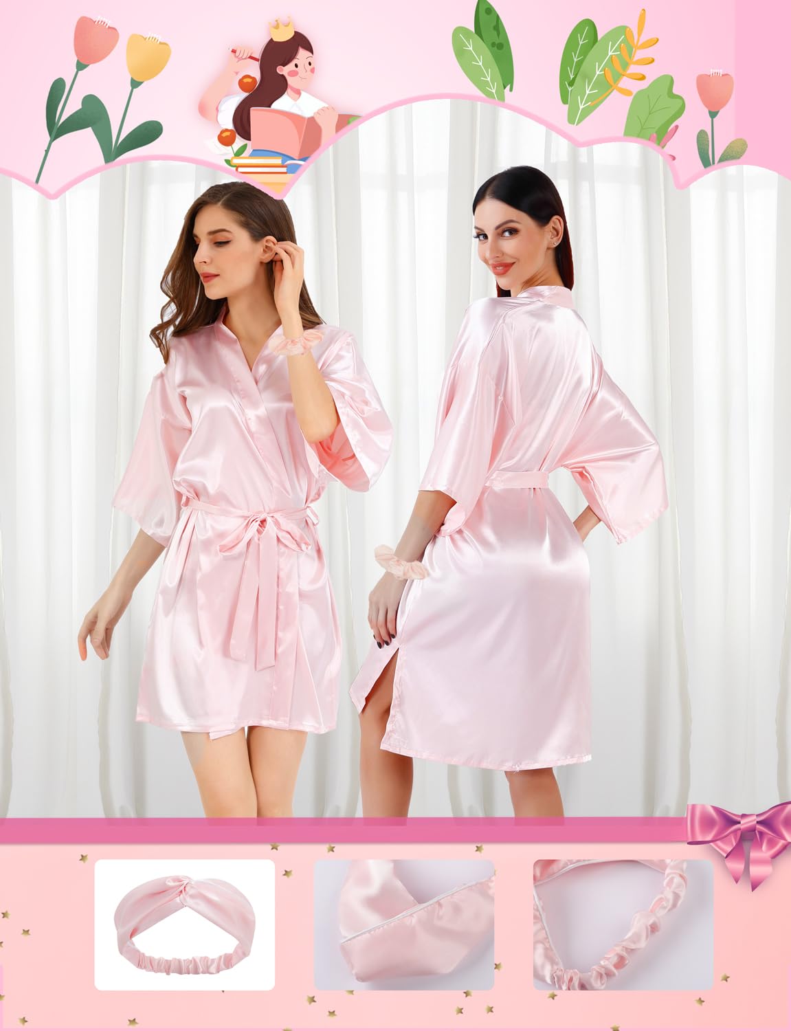 20 Pcs Women Satin Silky Robe Wedding Bridal Party Bride Bridesmaid Robes Kimono Loungewear Dressing Gowns (Pink-sm, Set of 5)