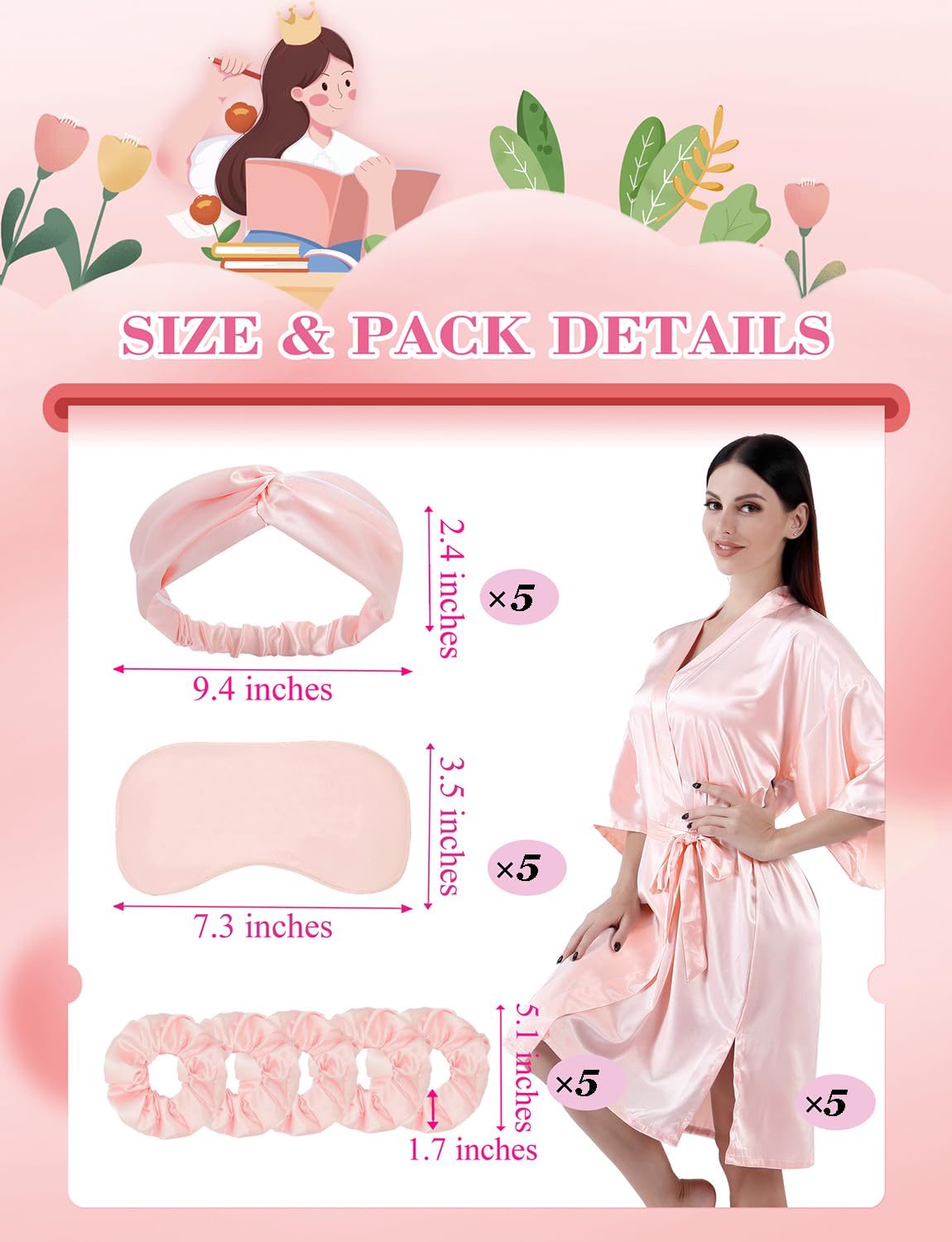 20 Pcs Women Satin Silky Robe Wedding Bridal Party Bride Bridesmaid Robes Kimono Loungewear Dressing Gowns (Pink-sm, Set of 5)
