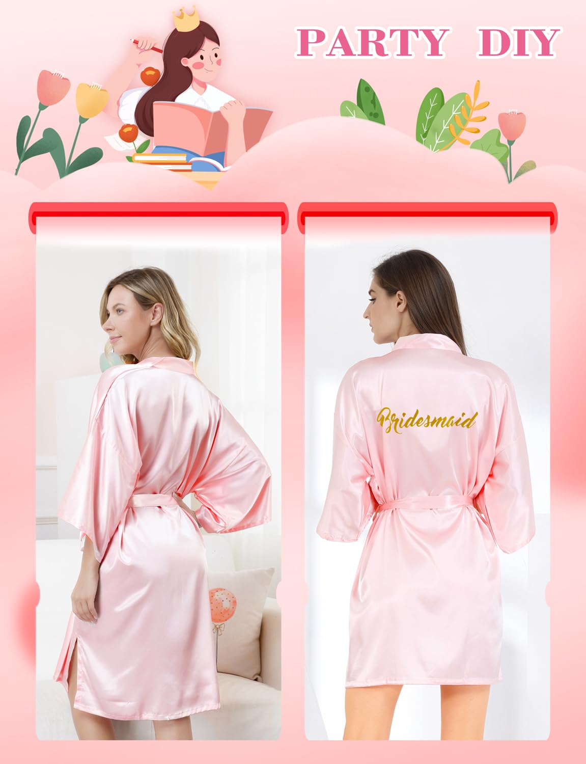 20 Pcs Women Satin Silky Robe Wedding Bridal Party Bride Bridesmaid Robes Kimono Loungewear Dressing Gowns (Pink-sm, Set of 5)