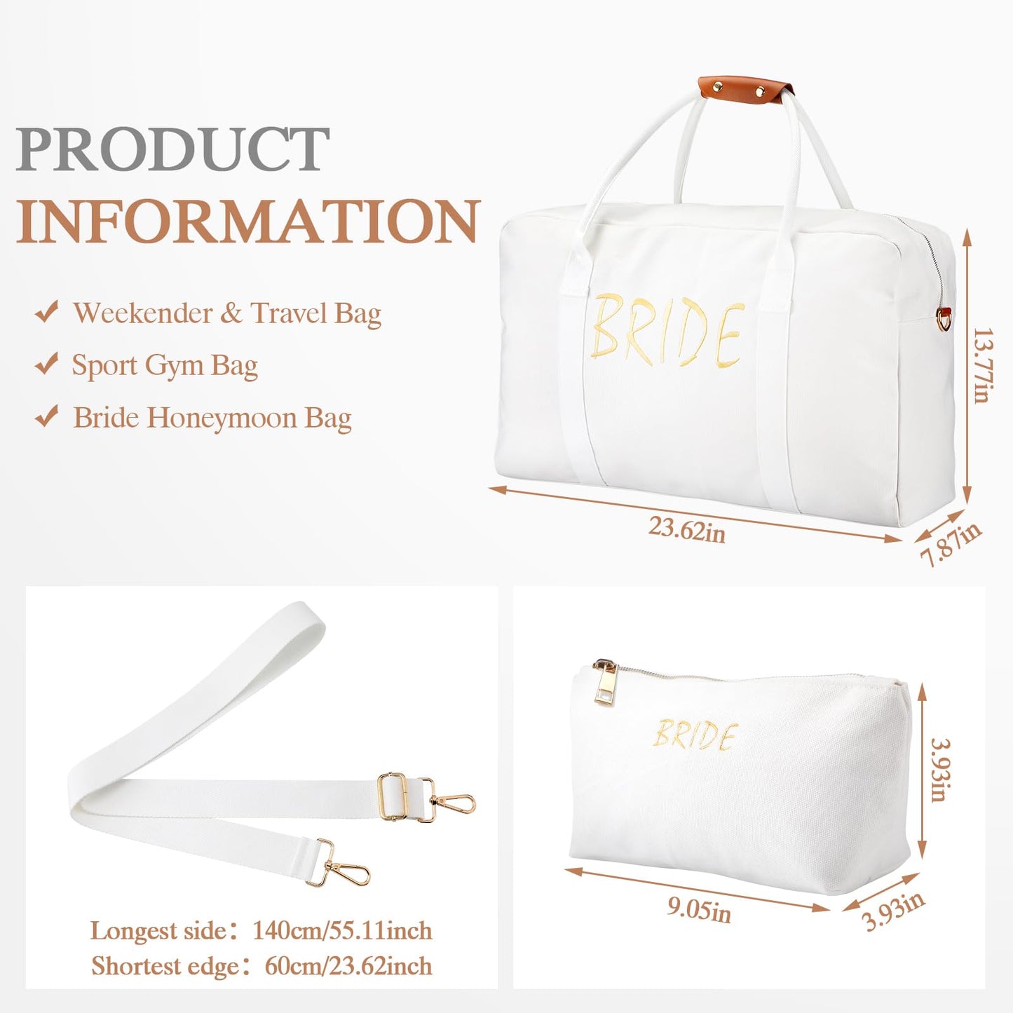2 Pcs Wedding Weekender Bag for Women Bride Travel Bag with Shoes Compartment Shoulder Bride Bag with Chenille Letter Patch Makeup Bag Bride Gift for Wedding Bridal Shower Engagement Honeymoon