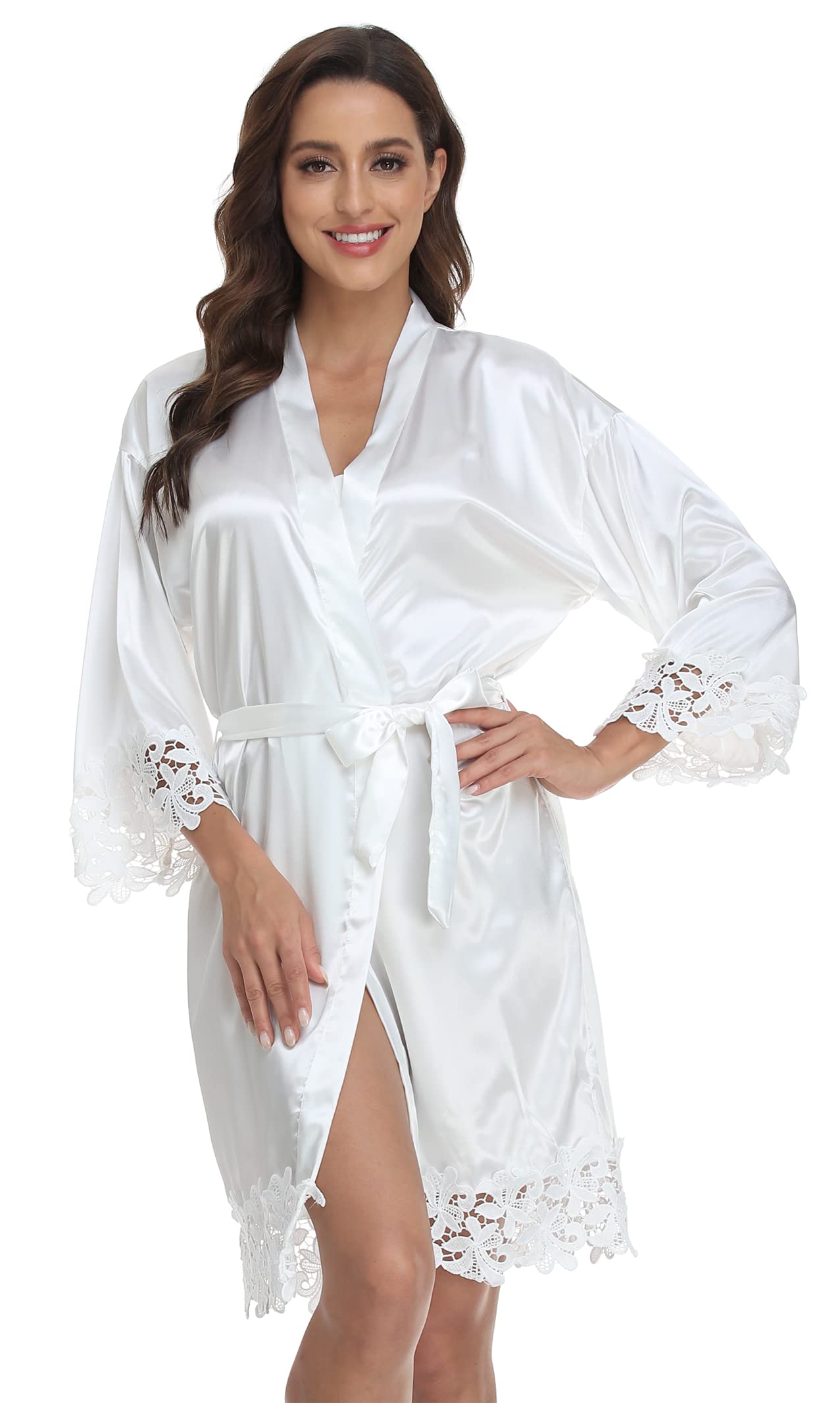 UrHot 5 Pcs Bridesmaid Kimono Robe sets Bride Silky Wedding Day Bathrobe with Lace Trim Embroidered Getting Ready