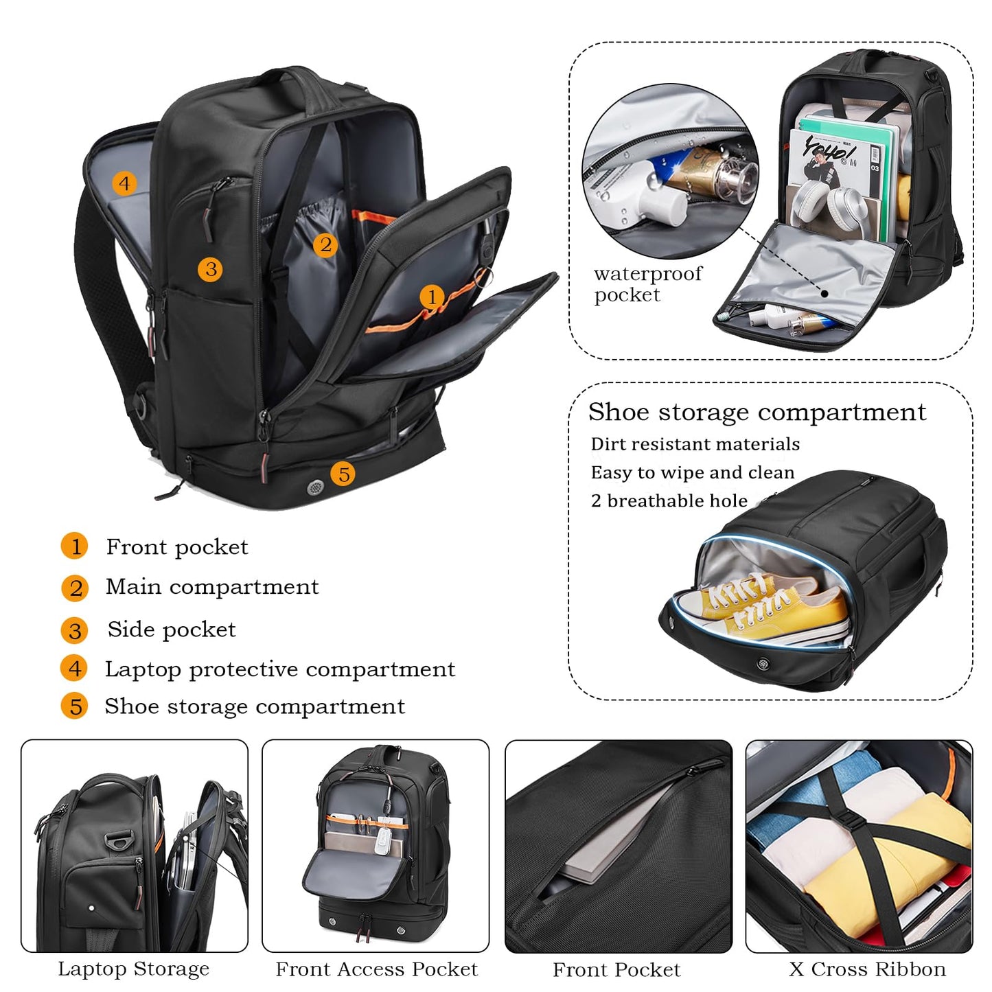 Somago Laptop Backpack Carry On Water Resistant Durable Daypack Backpack fits 16 inch Laptop Anti Theft Travel Rucksack Backpack with Shoe Compartment Luggage Strap for Men Women, 33L, Black