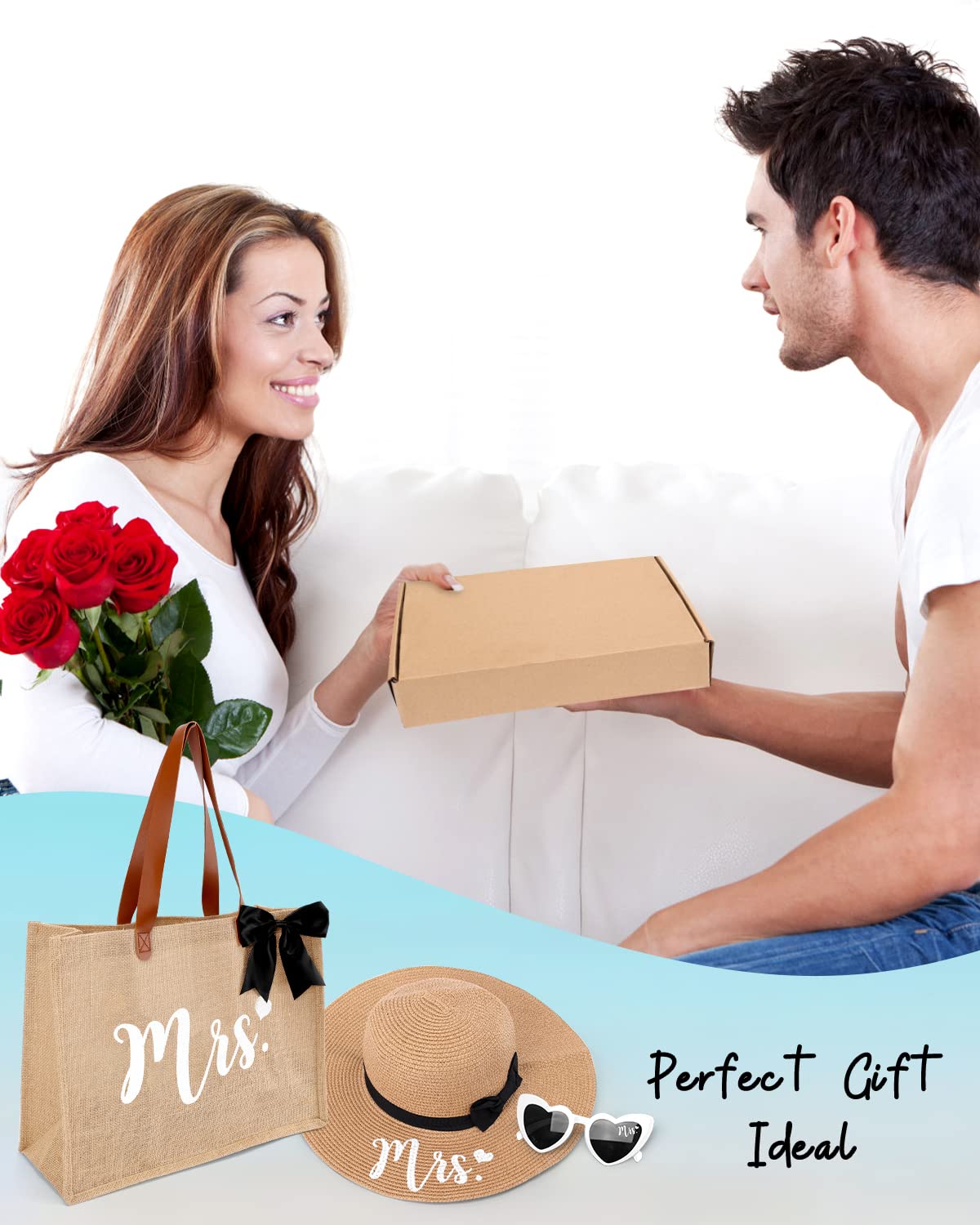 Percozzi Mrs. Tote Bag Sun Hat Glasses Set Bride-To-Be 2023 Bridal Shower Gift with Cute Heart Basket for Bride Wifey Honeymoon Jute Tote Bag Kit Summer Beach Present for Friend Set of 3