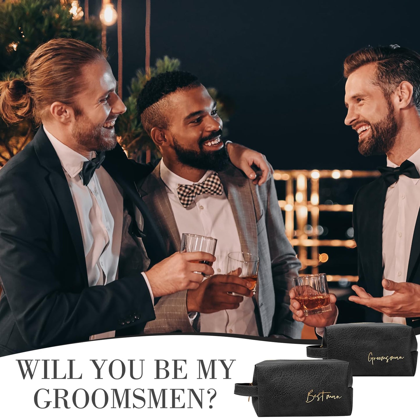Amylove 7 Sets Groomsmen Gifts Toiletry Bag for Men Wedding Proposal Gift for Best Man PU Leather Cosmetic Bags with Zipper Shaving Bag Bowknot Greeting Card for Wedding Toiletries Accessories (Black)