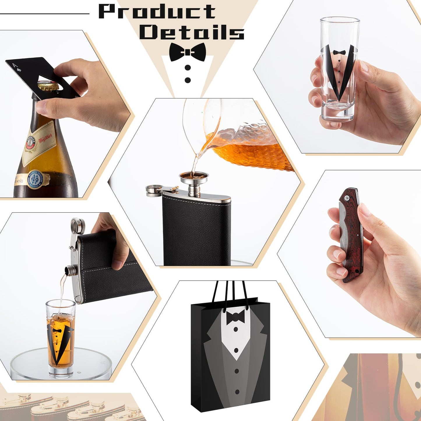 Tioncy 48 Pcs Groomsmen Proposal Gift 8 Engraved Pocket Knife 8 Groomsmen Gift Bags 8 Shot Glasses with Tuxedos 8 oz Stainless Steel Hip Flask 8 Poker Card Bottle Opener 8 Sunglasses