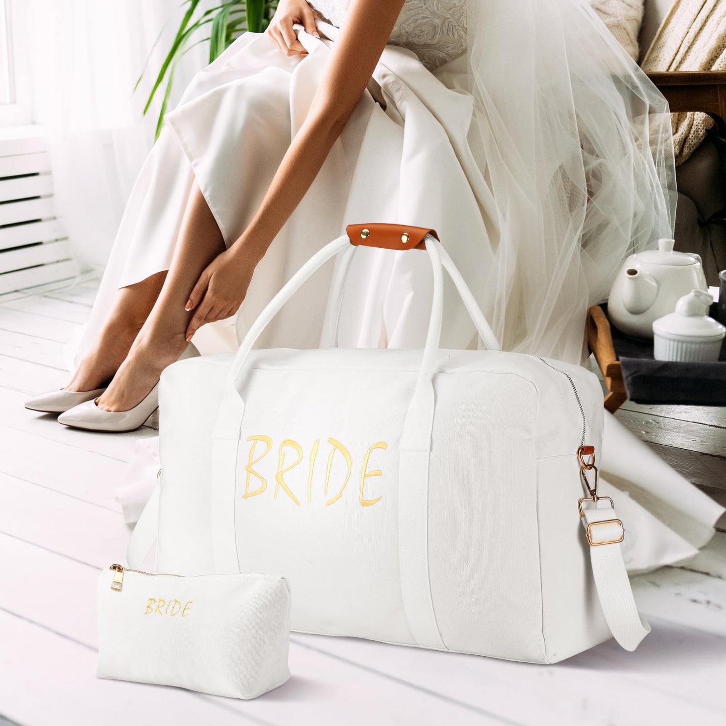 2 Pcs Wedding Weekender Bag for Women Bride Travel Bag with Shoes Compartment Shoulder Bride Bag with Chenille Letter Patch Makeup Bag Bride Gift for Wedding Bridal Shower Engagement Honeymoon