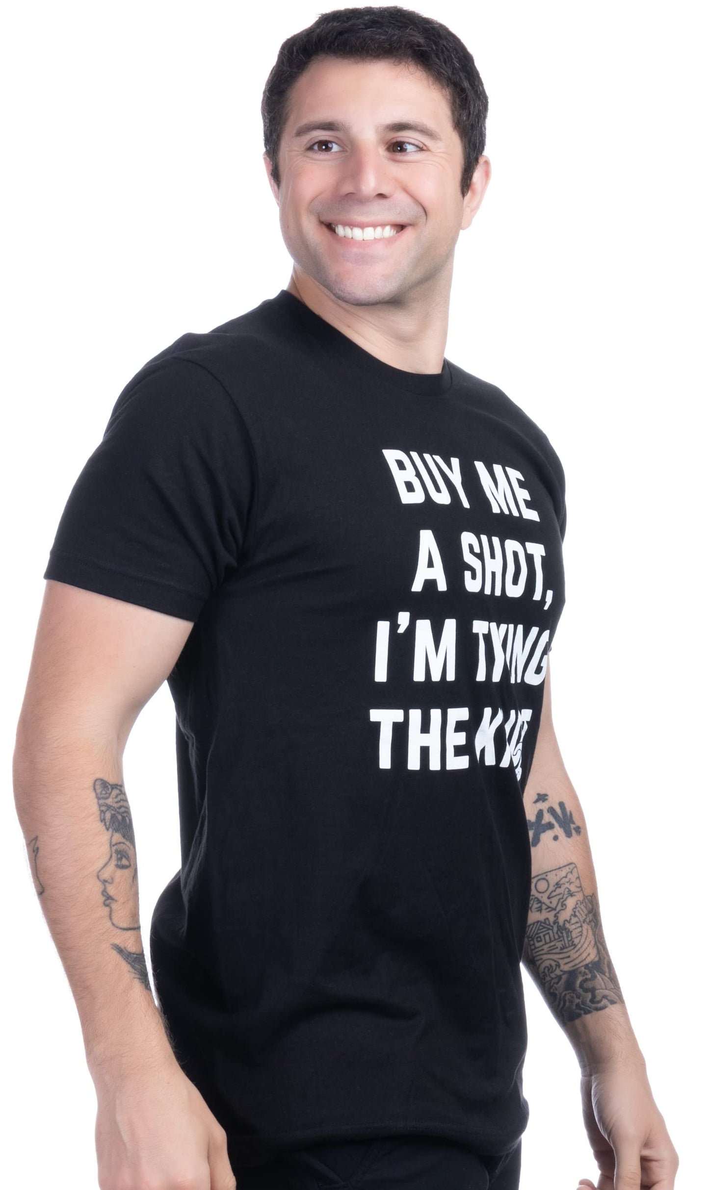 Ann Arbor T-shirt Co. Buy Me a Shot, I'm Tying The Knot | Funny Bachelor Party, Groom Groomsman Humor T-Shirt for Men - (Adult,XL)