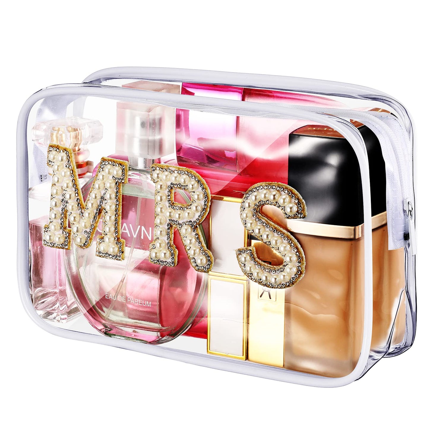 Bride Bag Clear Makeup Bag Bride Gift Cosmetic Bag Mrs Pearl Bags Bachelorette Toiletry Bag Wifey Makeup Pouch Rhinestone Letter PVC Cosmetics Bag Travel Case Wifey Purse Portable Bag(MRS Style)