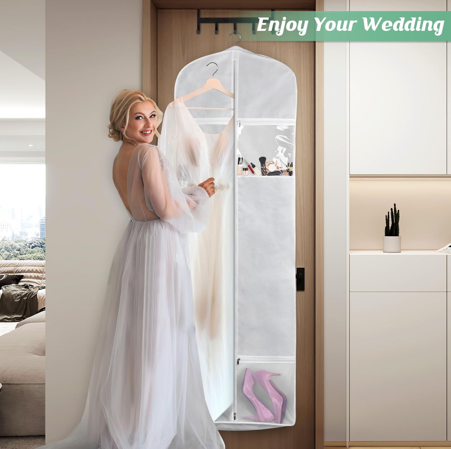 MISSLO Portable 70" Wedding Dress Garment Bag with Bride Tote Bag 8'' Gusseted Dress Bags for Gowns Long 4 Pockets Dress Cover for Women, White
