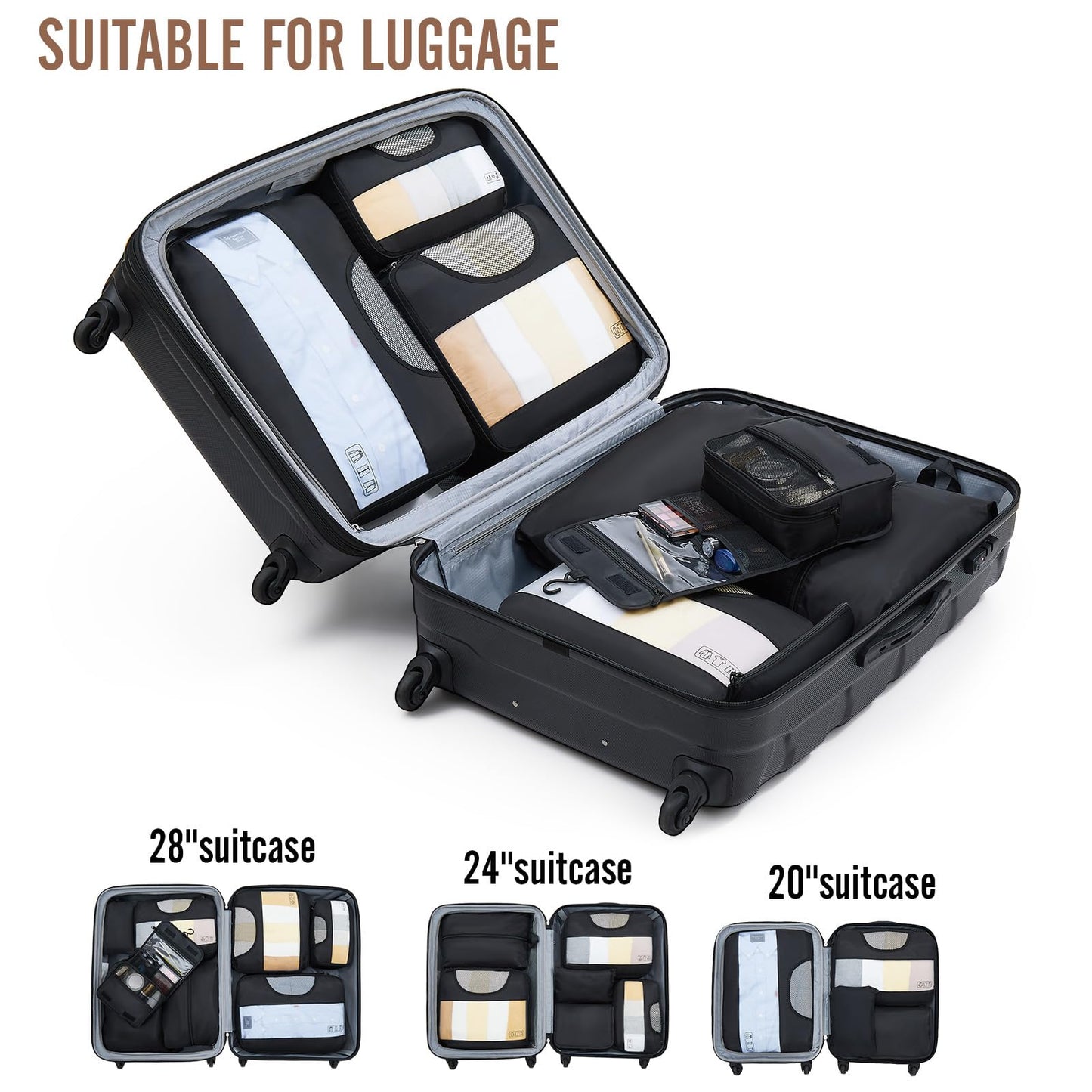 Veken 8 Set Packing Cubes for Travel, Suitcase Essentials Organizer Bags Set for Luggage, Road Trip Travel Accessories in 4 Sizes (Extra Large, Large, Medium, Small), Black
