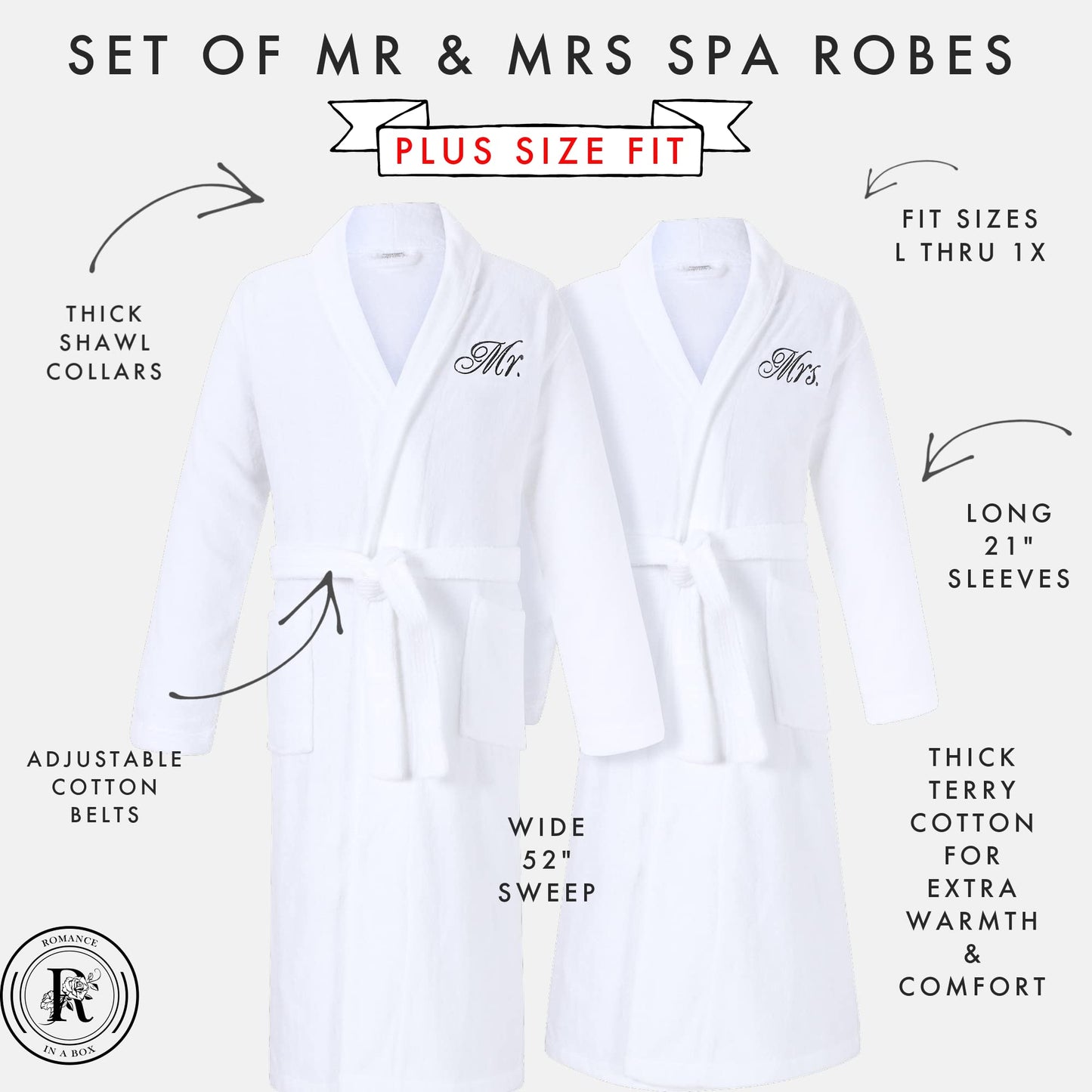 Mr and Mrs Robes | Set of 2 Mr & Mrs Robes for Couples | Extra Thick| Long Sleeves | 100% Terry Cotton | Shawl Collar