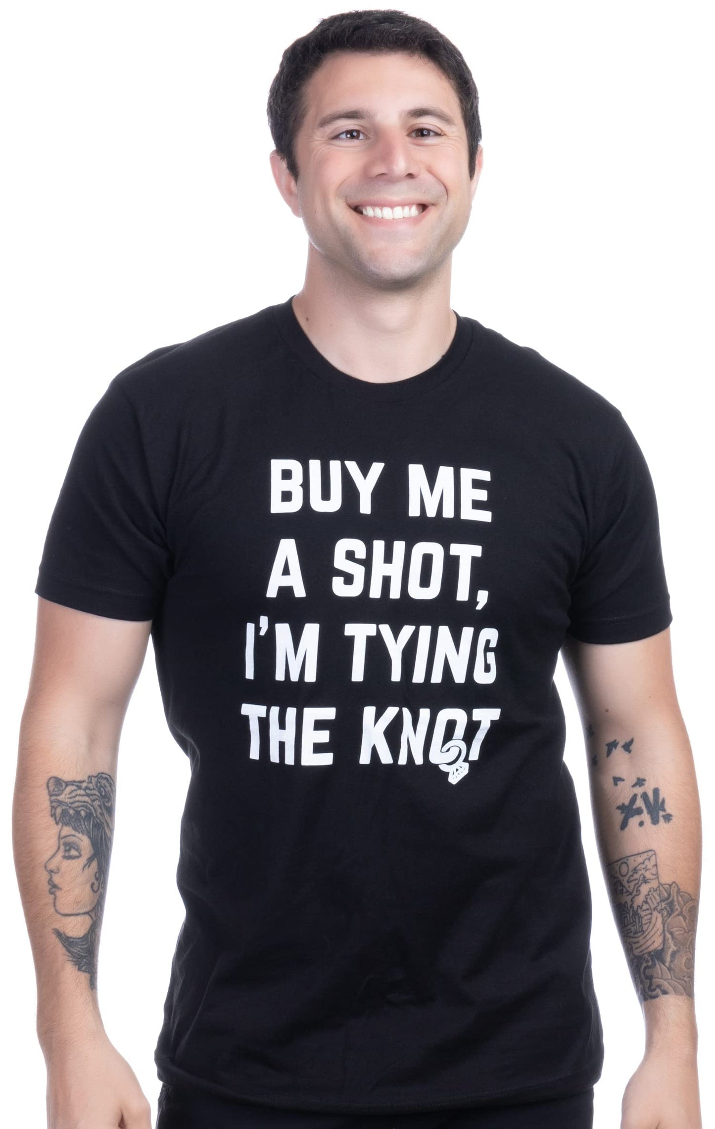 Ann Arbor T-shirt Co. Buy Me a Shot, I'm Tying The Knot | Funny Bachelor Party, Groom Groomsman Humor T-Shirt for Men - (Adult,XL)