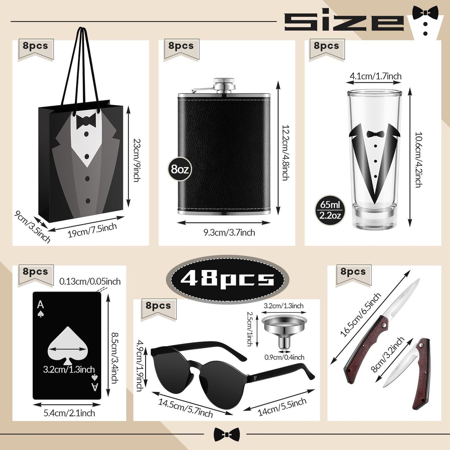 Tioncy 48 Pcs Groomsmen Proposal Gift 8 Engraved Pocket Knife 8 Groomsmen Gift Bags 8 Shot Glasses with Tuxedos 8 oz Stainless Steel Hip Flask 8 Poker Card Bottle Opener 8 Sunglasses