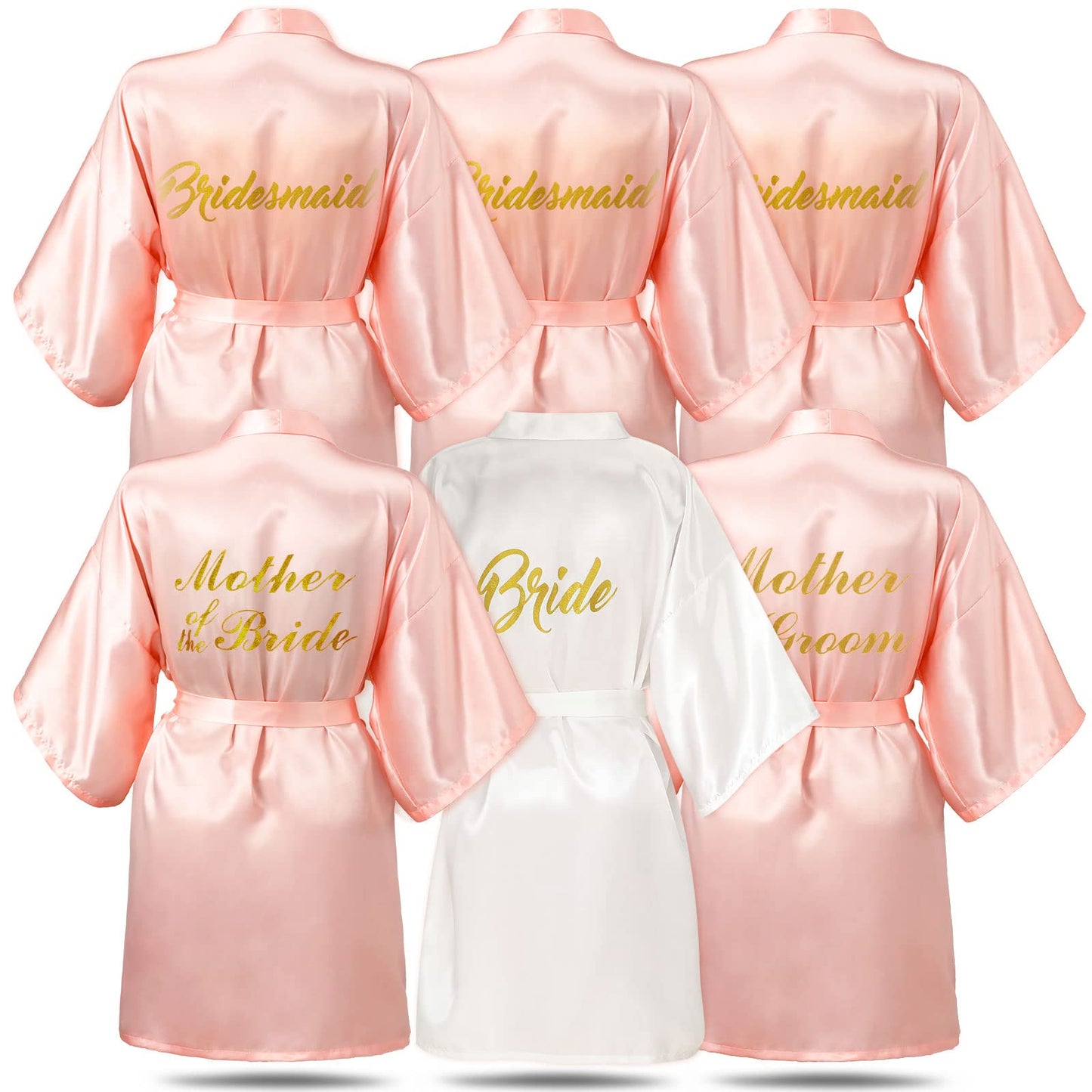 Janmercy 6 Pieces Bridesmaids Robes Set Bridal Robes for Wedding Matron of Honor Robe Maid of Honor Robe for Bridal Party Gifts(Pink and White,Bride, Maid, Mother)