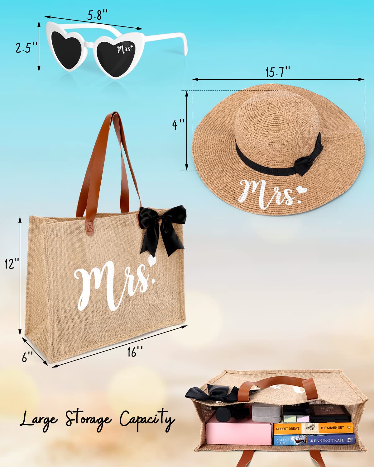 Percozzi Mrs. Tote Bag Sun Hat Glasses Set Bride-To-Be 2023 Bridal Shower Gift with Cute Heart Basket for Bride Wifey Honeymoon Jute Tote Bag Kit Summer Beach Present for Friend Set of 3