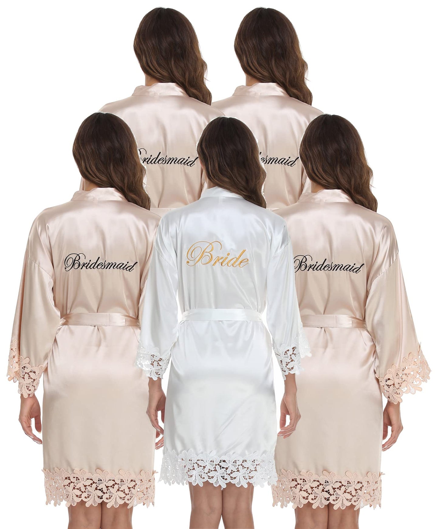 UrHot 5 Pcs Bridesmaid Kimono Robe sets Bride Silky Wedding Day Bathrobe with Lace Trim Embroidered Getting Ready