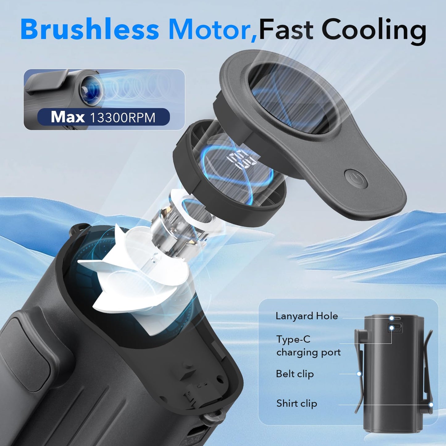 AI Portable Waist Fan Rechargeable with LED Display, 13300RPM Strong Airflow, 100-Speed Adjustable, Rechargeable Belt Fan, Hands-Free Mini for Summer, Outdoor, Hiking, Travel, Father's Day Gifts