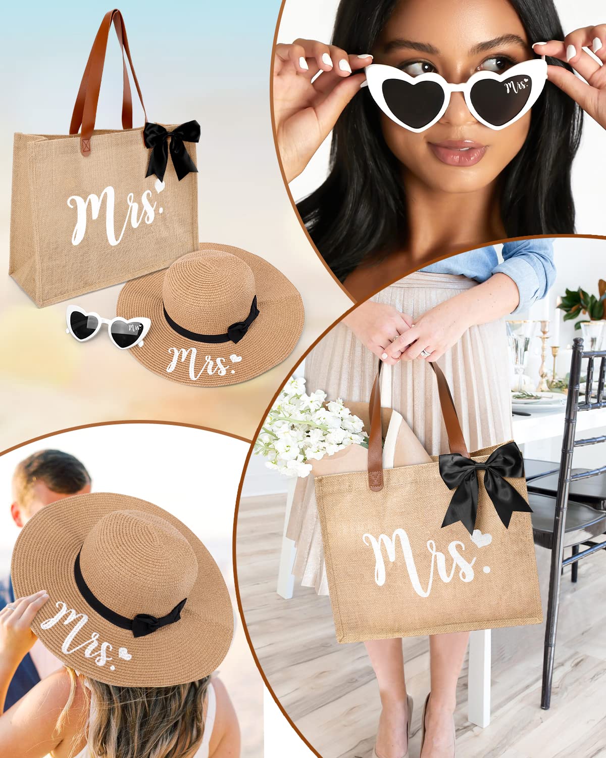 Percozzi Mrs. Tote Bag Sun Hat Glasses Set Bride-To-Be 2023 Bridal Shower Gift with Cute Heart Basket for Bride Wifey Honeymoon Jute Tote Bag Kit Summer Beach Present for Friend Set of 3