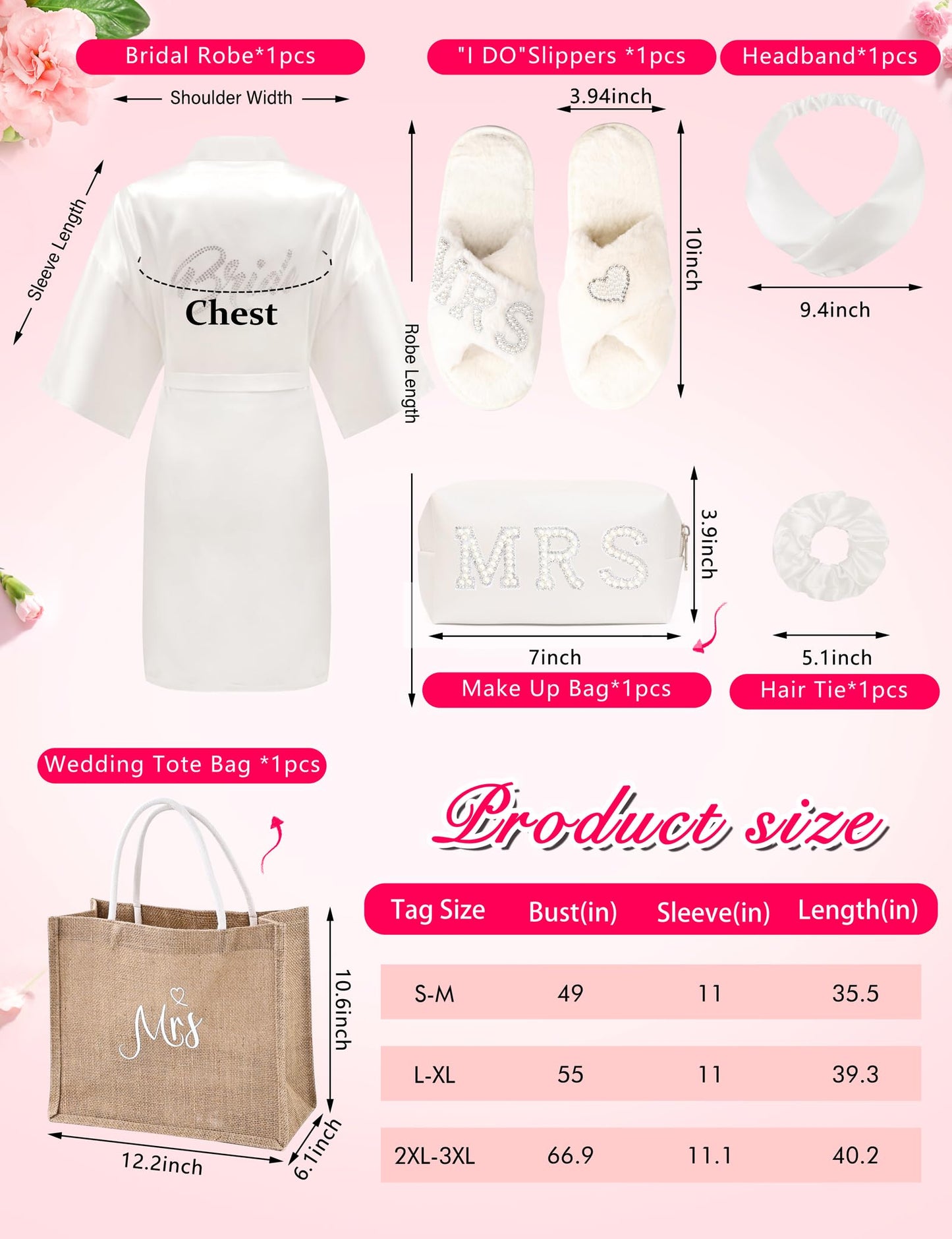 ALHAVONE 6 Pcs Women Bride Robe with Accessories for Bride Bachelorette Party Engagement Honeymoon Bridal Shower Gift (White, SM)