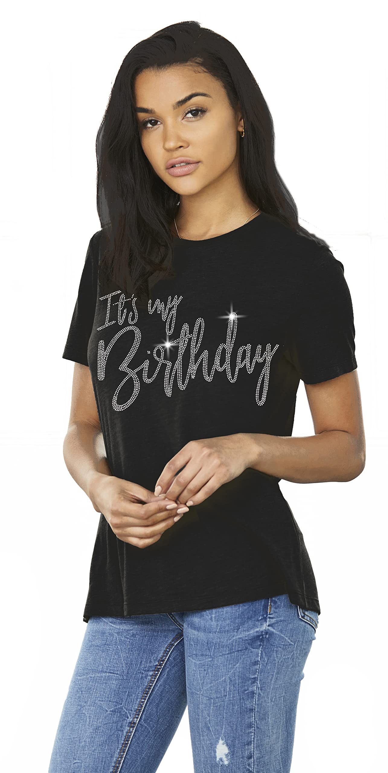 Birthday Shirts for Women Sexy - Glam Rhinestone It's My Birthday T-Shirt Black - Birthday Party Gift - Medium - Black Tee(GlmMyBdy RS) Md/Blk