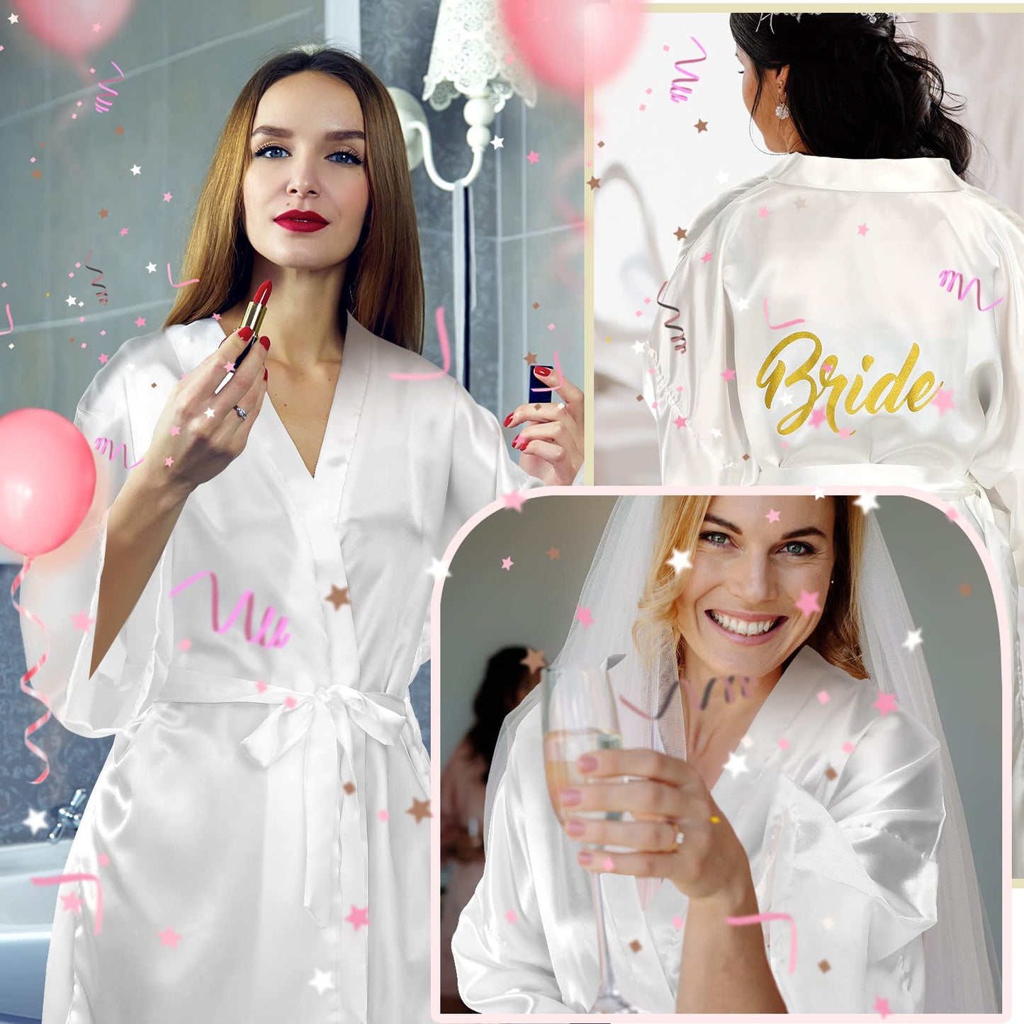 Janmercy 6 Pieces Bridesmaids Robes Set Bridal Robes for Wedding Matron of Honor Robe Maid of Honor Robe for Bridal Party Gifts(Pink and White,Bride, Maid, Mother)