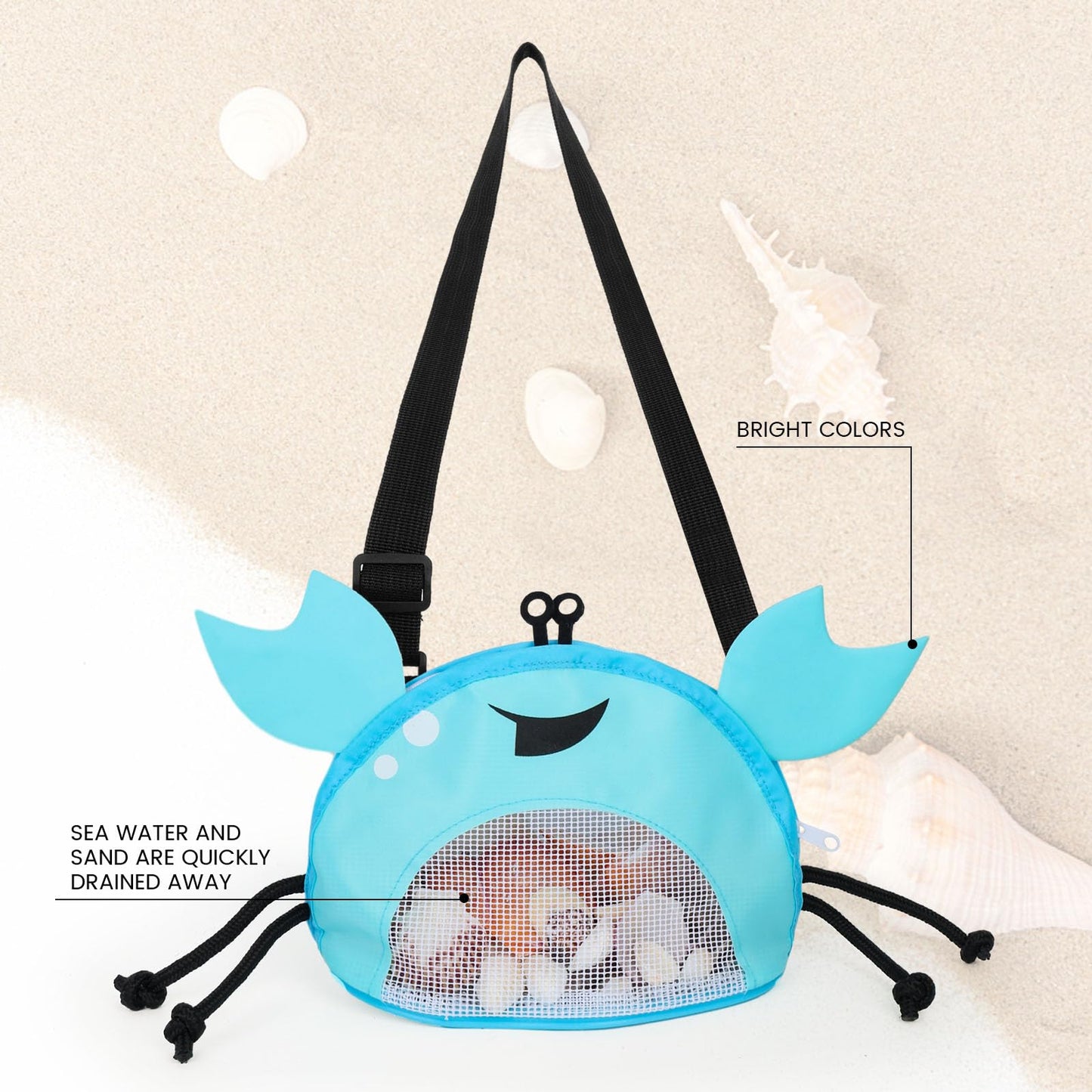 AMOR PRESENT Mesh Beach Bag for Kids, Shell Collecting Bag with Shovel Crab-Shaped Seashell Bag Adjustable Strap for Holding Shell Sea Pool Sand Toy, Blue