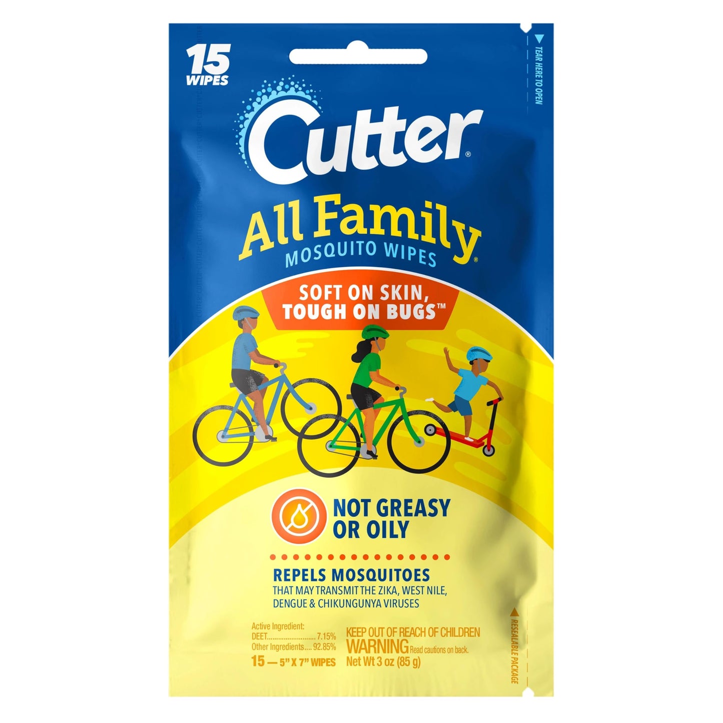 Cutter All Family Mosquito Wipes, Insect Repellent, Repel Mosquitoes, Ticks, Gnats, Fleas & More, 7% DEET 15 Count
