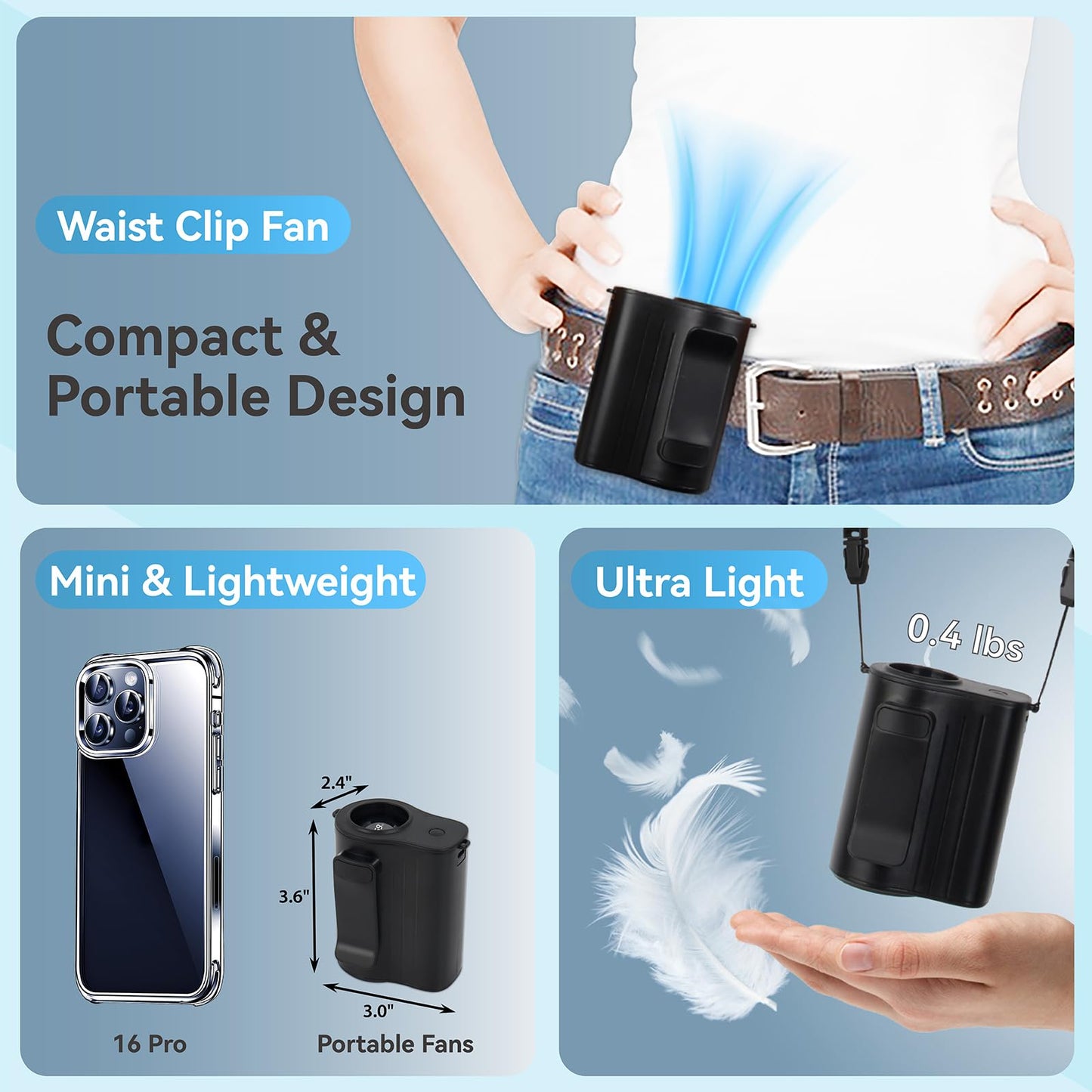 AI Portable Waist Fan Rechargeable with LED Display, 13300RPM Strong Airflow, 100-Speed Adjustable, Rechargeable Belt Fan, Hands-Free Mini for Summer, Outdoor, Hiking, Travel, Father's Day Gifts