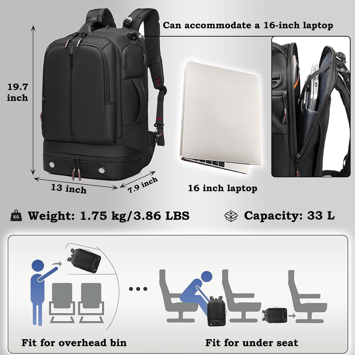Somago Laptop Backpack Carry On Water Resistant Durable Daypack Backpack fits 16 inch Laptop Anti Theft Travel Rucksack Backpack with Shoe Compartment Luggage Strap for Men Women, 33L, Black