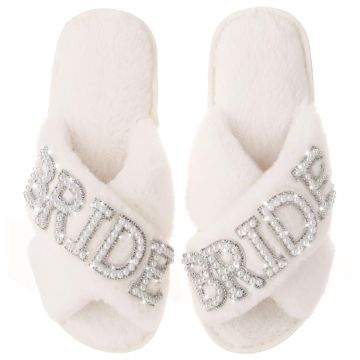 Fabstory Bride Slippers for Wedding Day White Fuzzy Slippers with Pearls for Bachelorette Party Bridal Shower Gifts White 6.5-7.5
