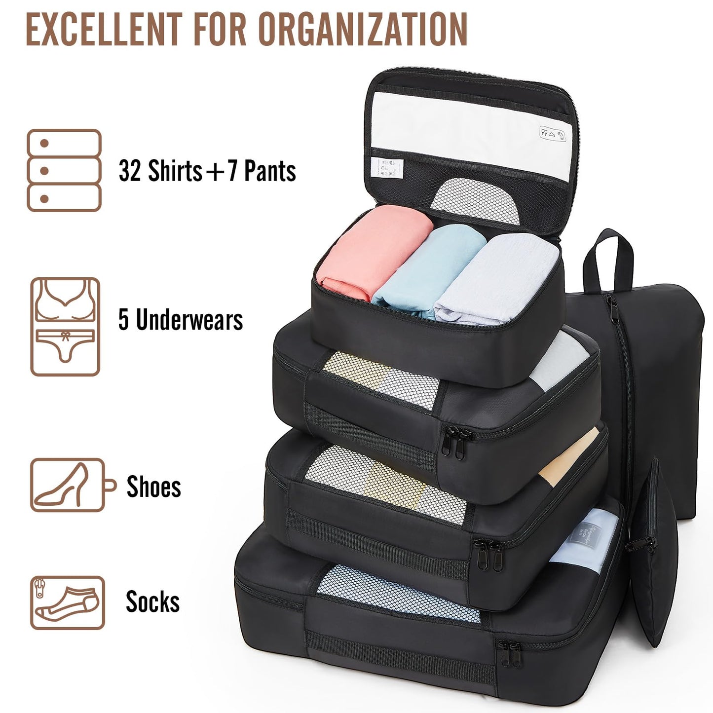 Veken 8 Set Packing Cubes for Travel, Suitcase Essentials Organizer Bags Set for Luggage, Road Trip Travel Accessories in 4 Sizes (Extra Large, Large, Medium, Small), Black