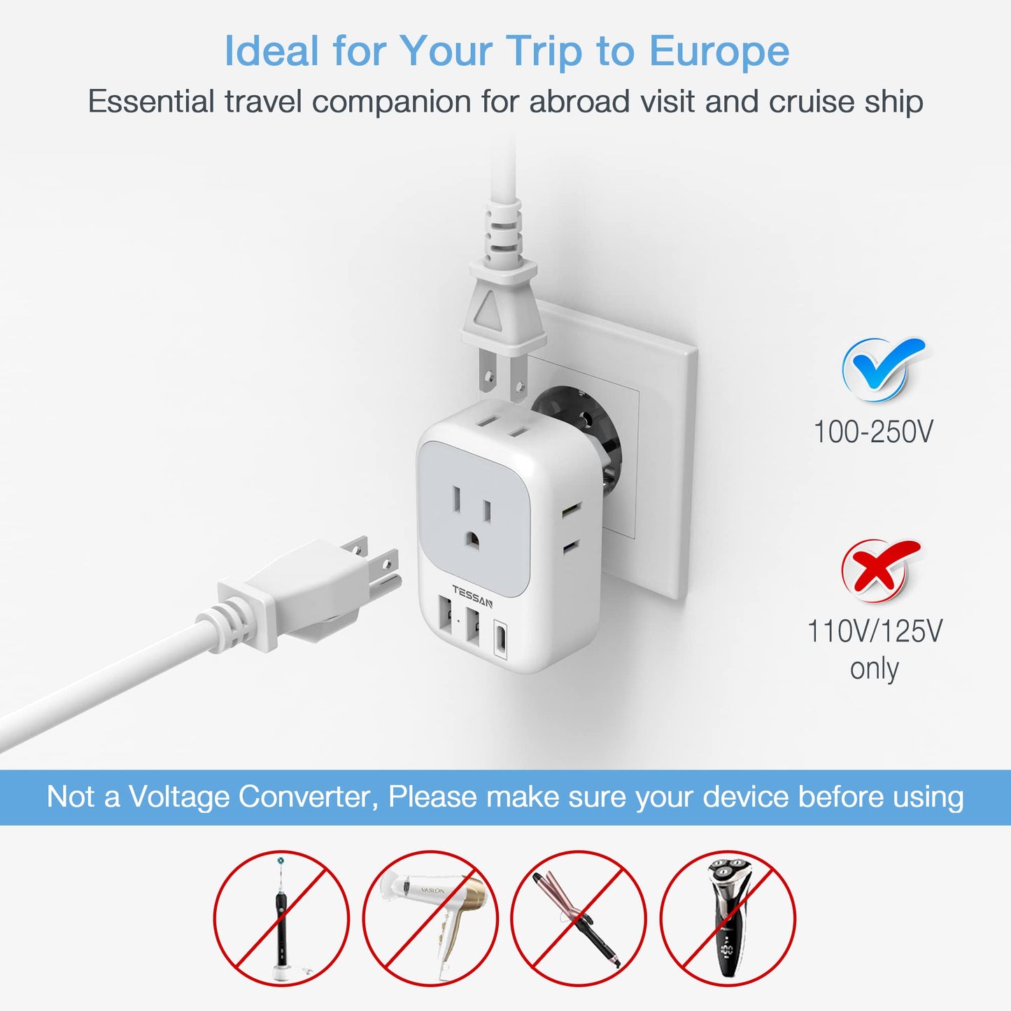 2 Pack European Travel Plug Adapter USB C, TESSAN US to Europe Plug Adapter with 4 Outlets 3 USB Charger, Type C Power Adaptor to Italy Spain France Portugal Iceland Germany, White Gray