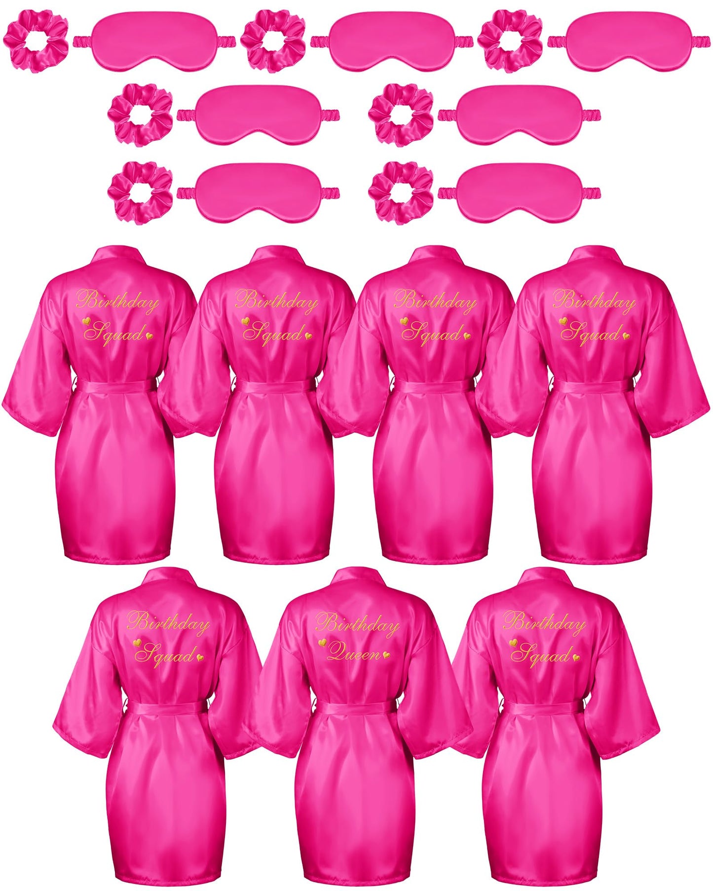 Neer 21 Pcs Women Birthday Party Robe Set Queen Squad Kimono Satin Bathrobes with Eye Mask and Scrunchie for Birthday (Rose Red)
