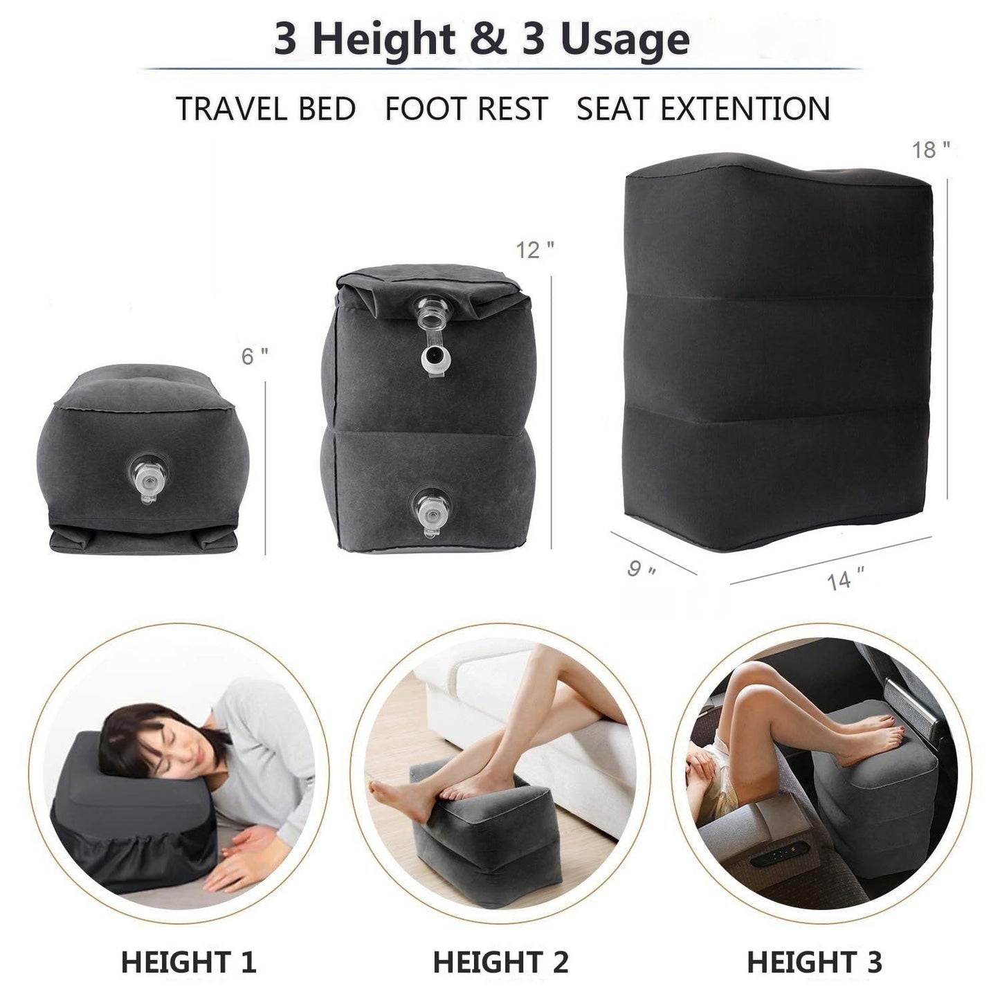 Inflatable Travel Foot Rest Pillow, Adjustable Height Leg Rest Pillow for Cars, Home, Office, Trains, Airplane, Make a Flat Bed for Baby, Kids, Toddlers, Grey, 1 Pack