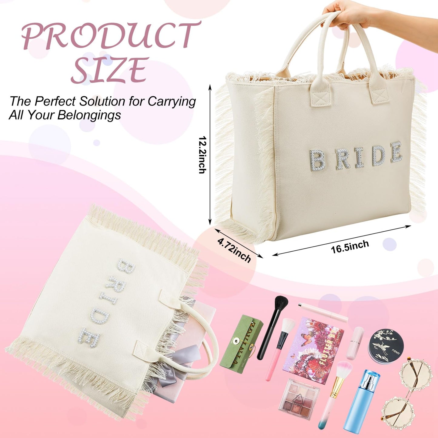 Huhumy Bride Tote Bag Bride Shower Wedding Gift Pearl Rhinestone Honeymoon Beach Tote Bag for Engagement Bachelorette Party(Bride)