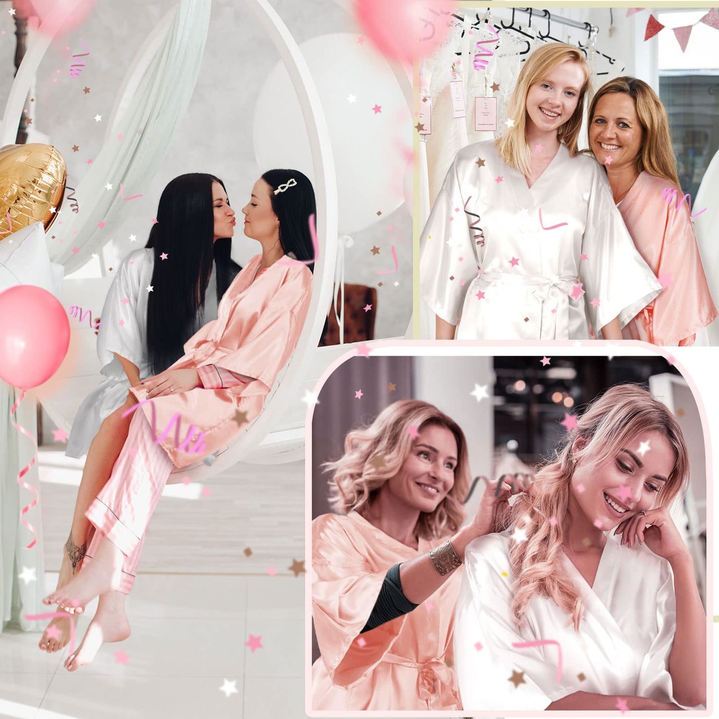 Janmercy 6 Pieces Bridesmaids Robes Set Bridal Robes for Wedding Matron of Honor Robe Maid of Honor Robe for Bridal Party Gifts(Pink and White,Bride, Maid, Mother)
