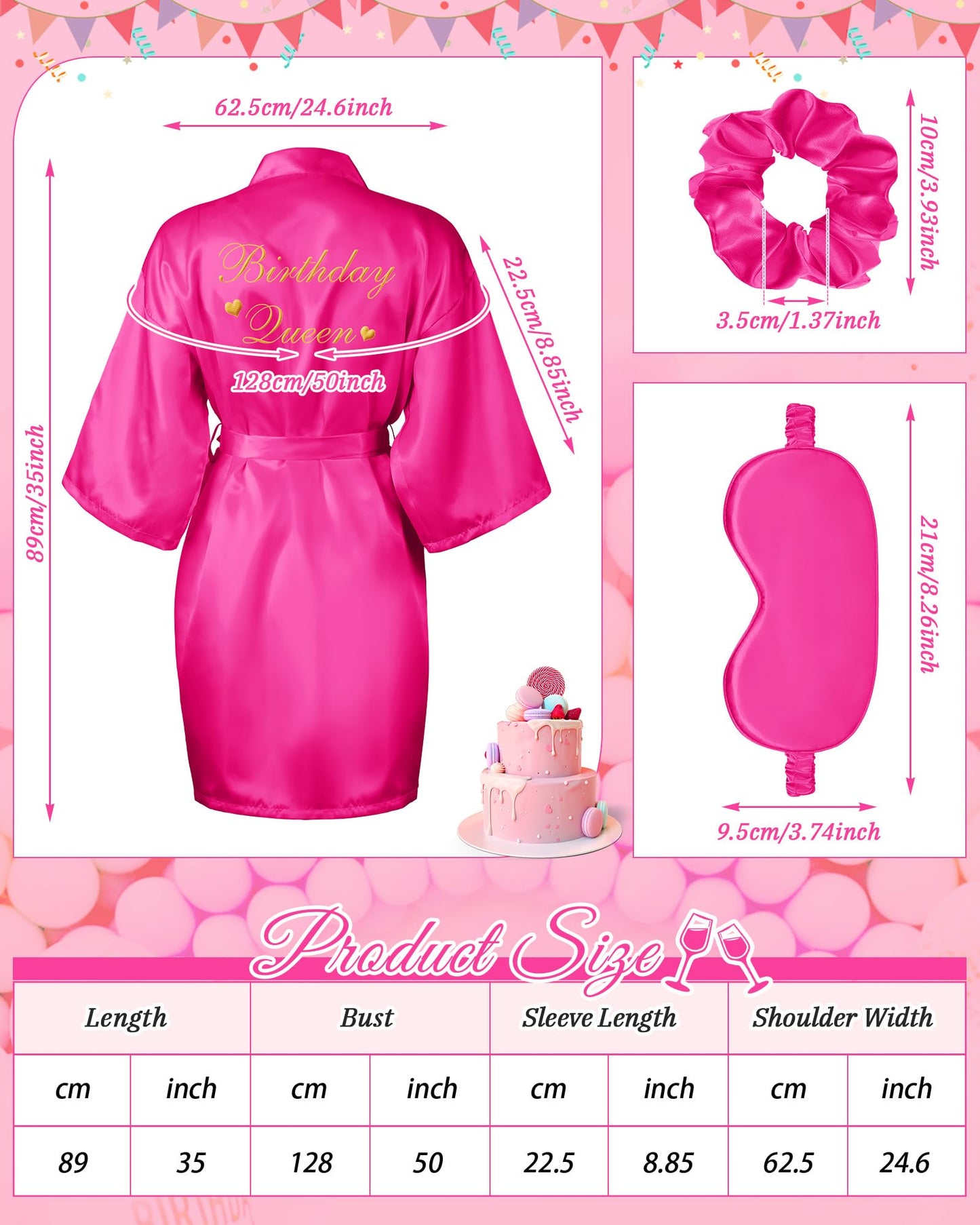 Neer 21 Pcs Women Birthday Party Robe Set Queen Squad Kimono Satin Bathrobes with Eye Mask and Scrunchie for Birthday (Rose Red)