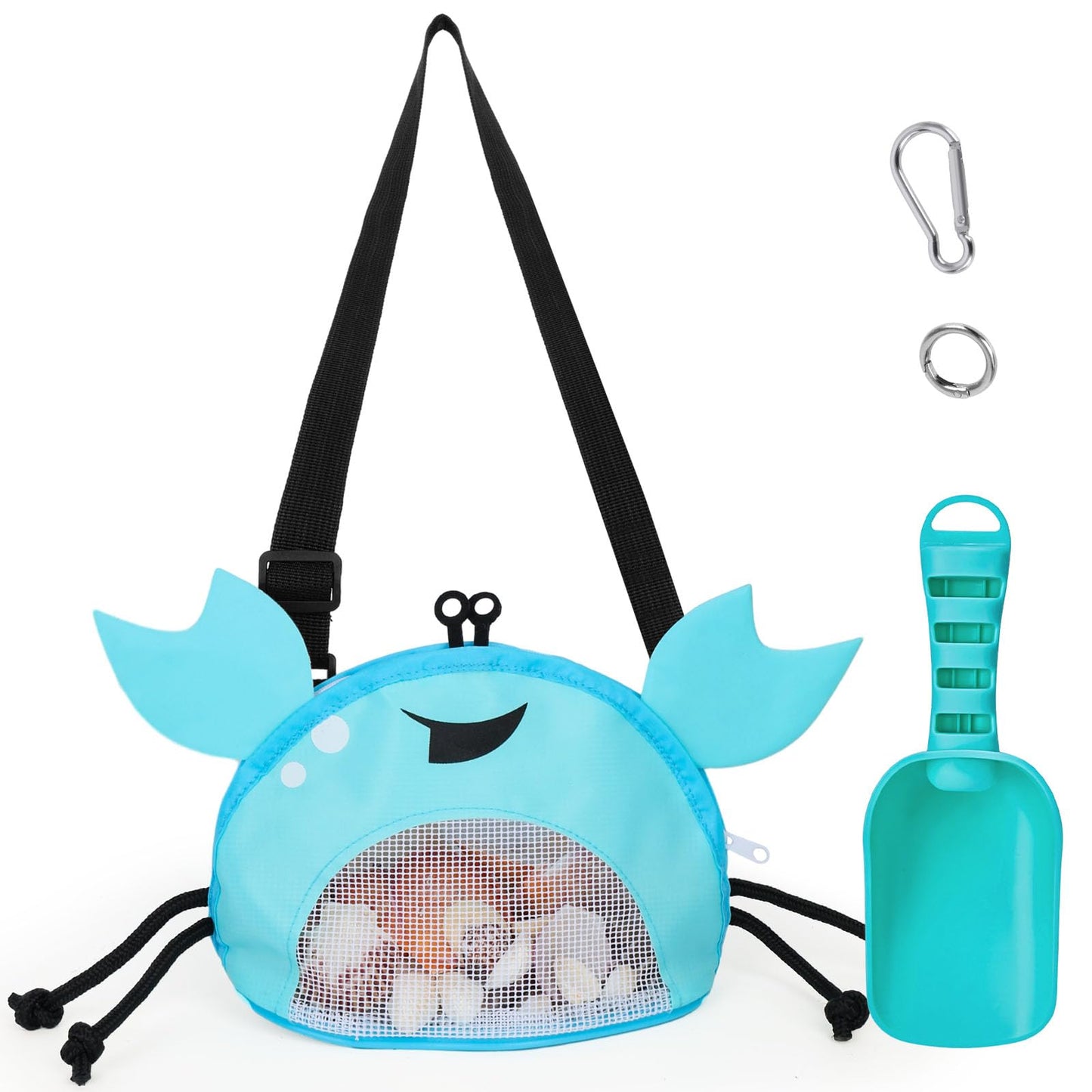 AMOR PRESENT Mesh Beach Bag for Kids, Shell Collecting Bag with Shovel Crab-Shaped Seashell Bag Adjustable Strap for Holding Shell Sea Pool Sand Toy, Blue