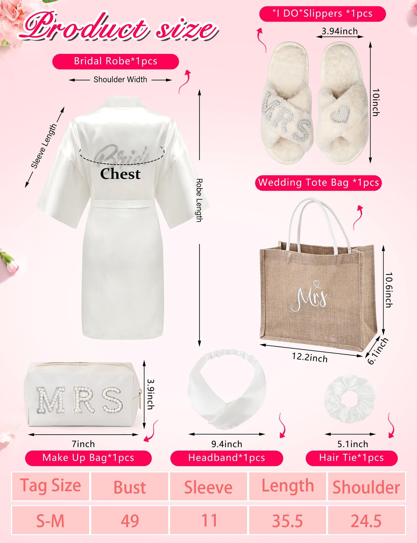 ALHAVONE 6 Pcs Women Bride Robe with Accessories for Bride Bachelorette Party Engagement Honeymoon Bridal Shower Gift (White, SM)