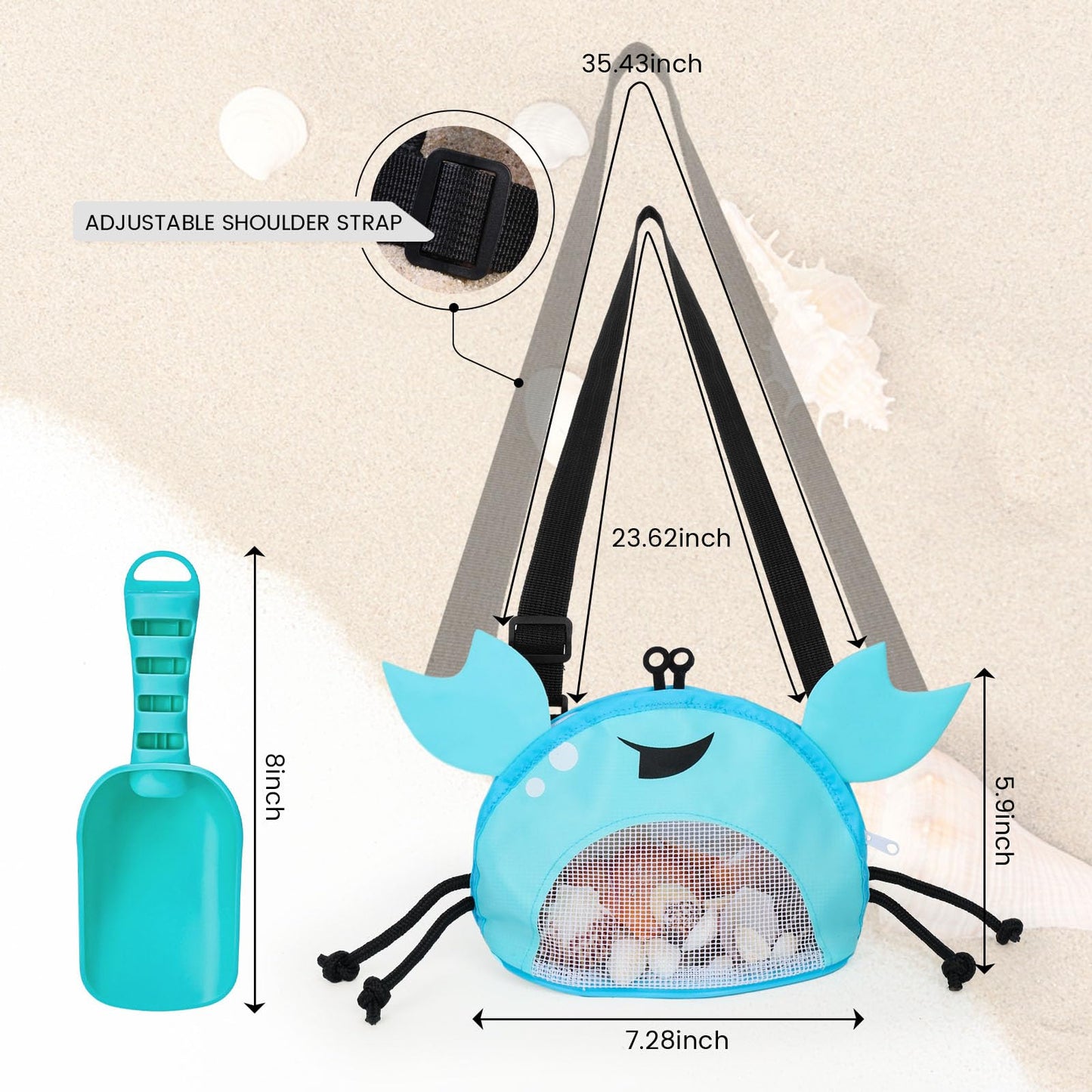 AMOR PRESENT Mesh Beach Bag for Kids, Shell Collecting Bag with Shovel Crab-Shaped Seashell Bag Adjustable Strap for Holding Shell Sea Pool Sand Toy, Blue